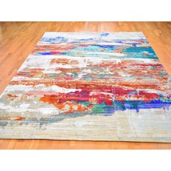 Tappeto orientale annodato a mano in vera pura seta con design astratto 9'0" x 12'3"