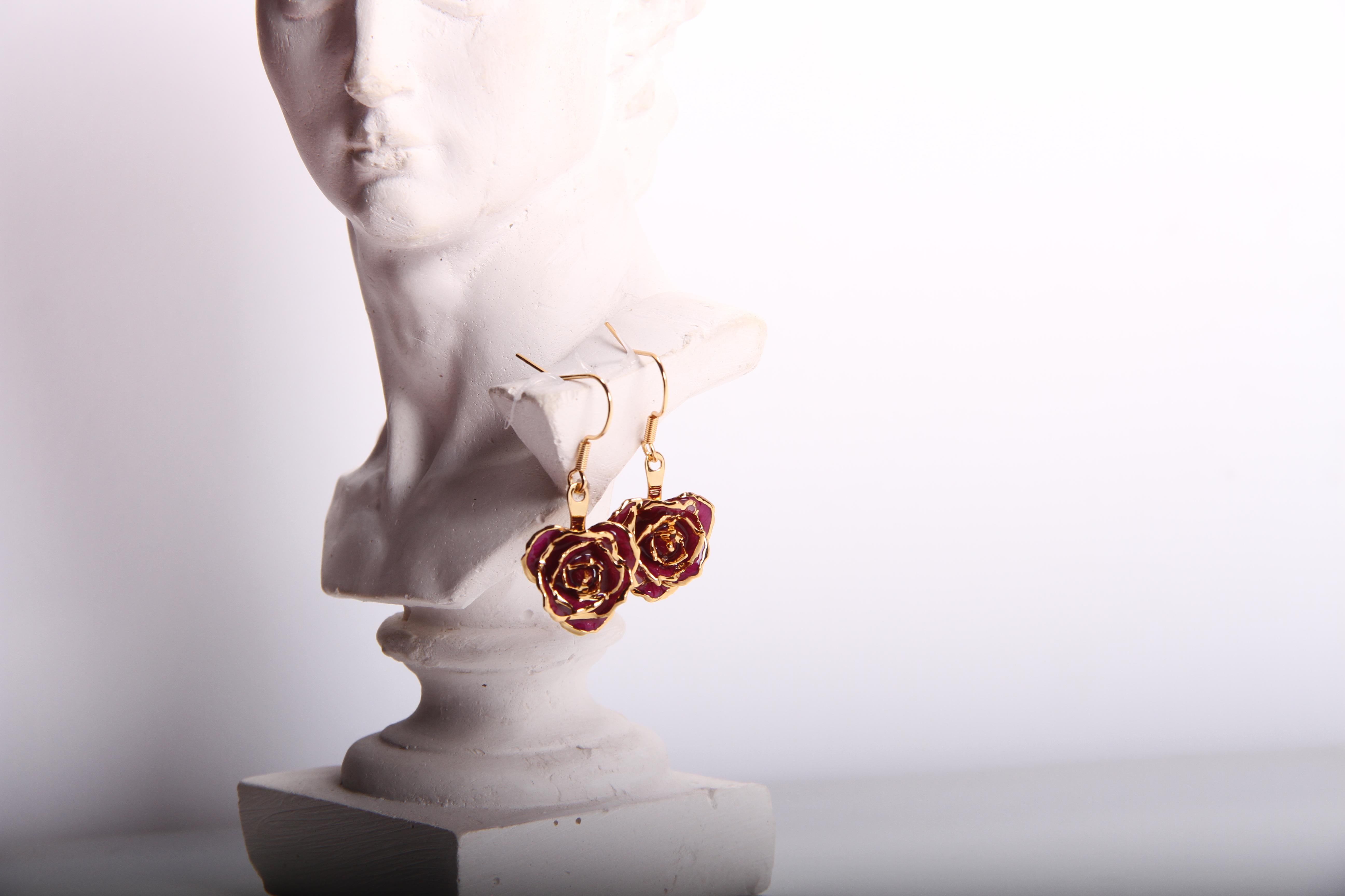 Romantic Real Rose Dipped in 24k Gold Eternal Earrings | Fuchsia Bloom For Sale