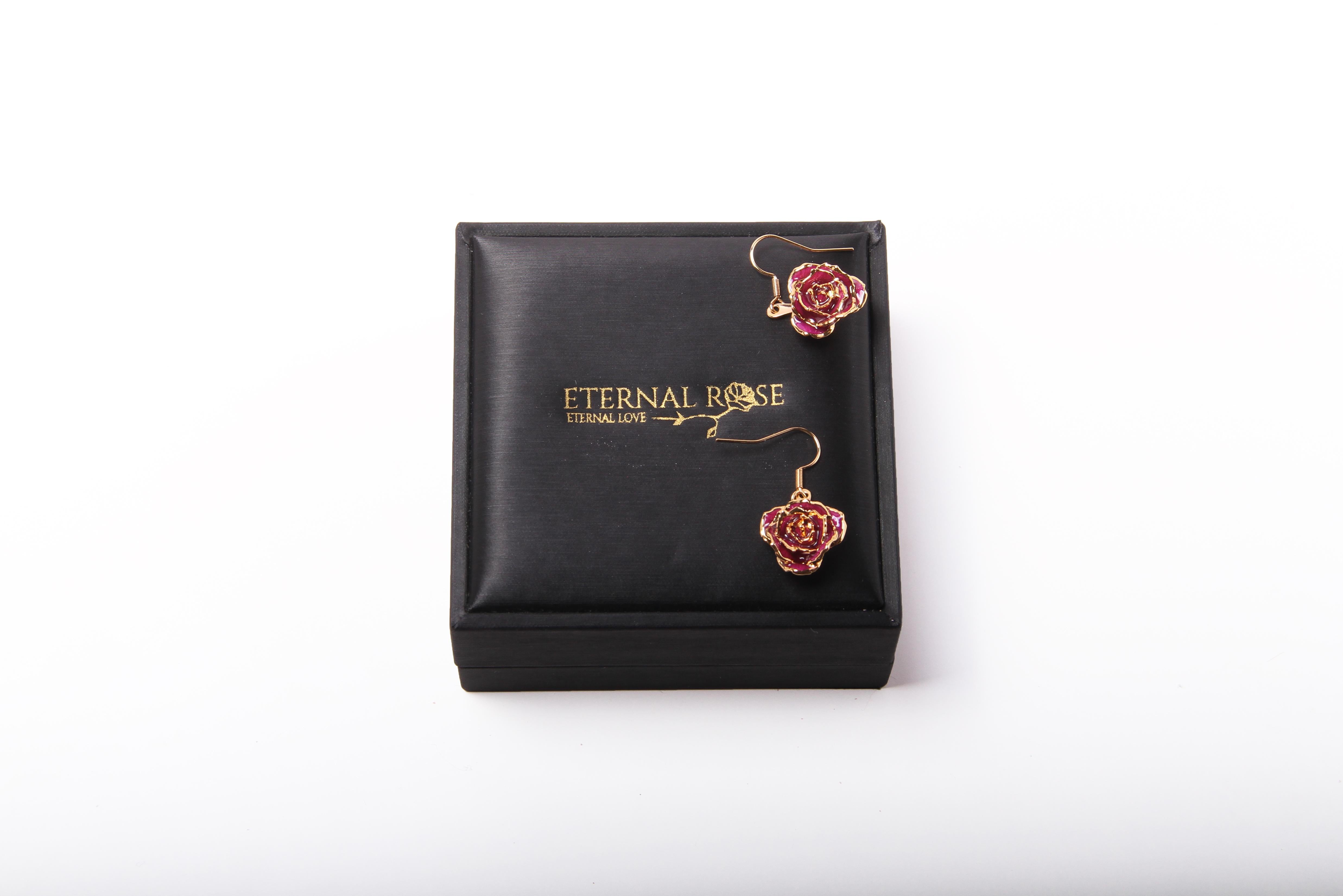 Real Rose Dipped in 24k Gold Eternal Earrings | Fuchsia Bloom In New Condition For Sale In Belmont, MA