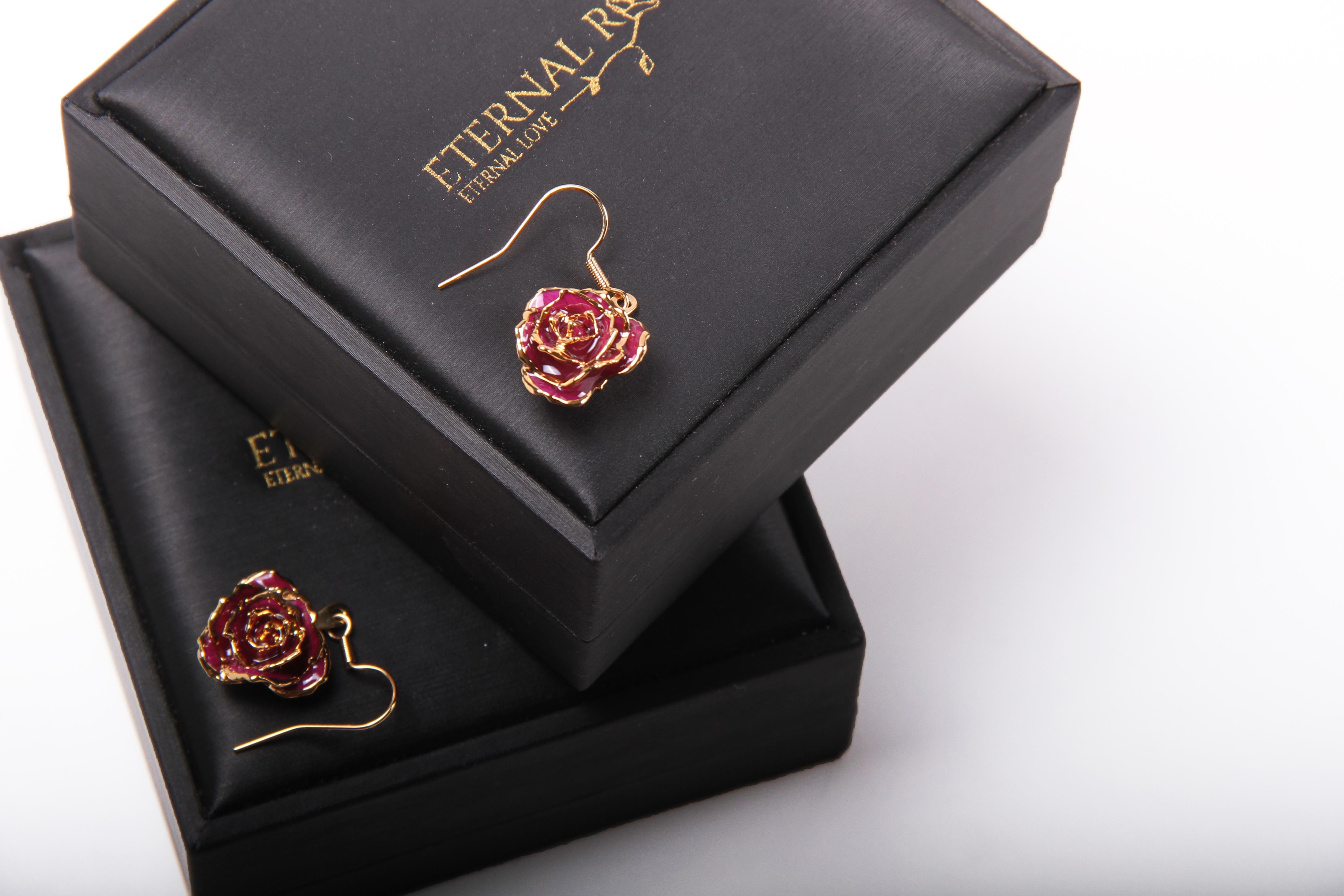 Real Rose Dipped in 24k Gold Eternal Earrings | Fuchsia Bloom For Sale 1