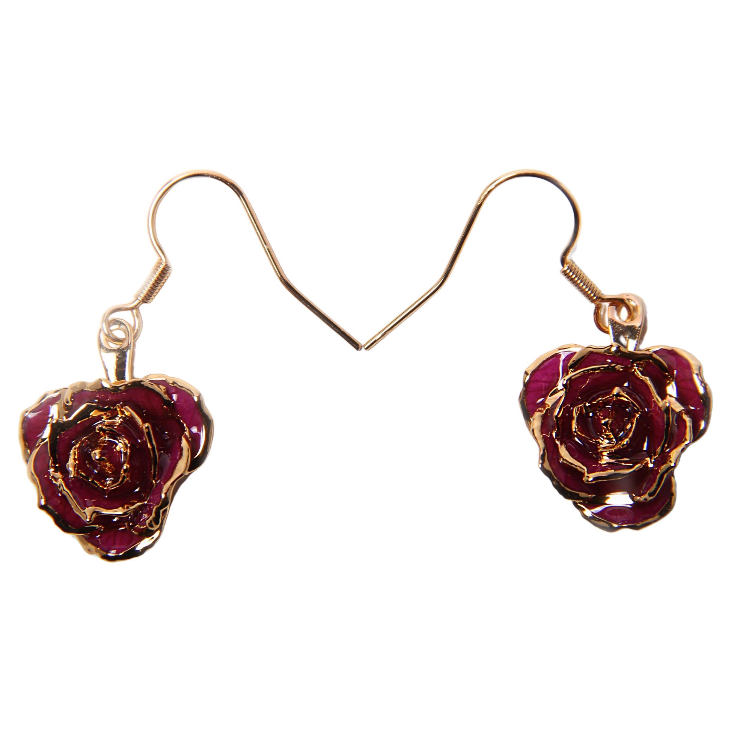 Boucles d'oreilles éternelles en or 24k et rose véritable  Fuchsia Bloom