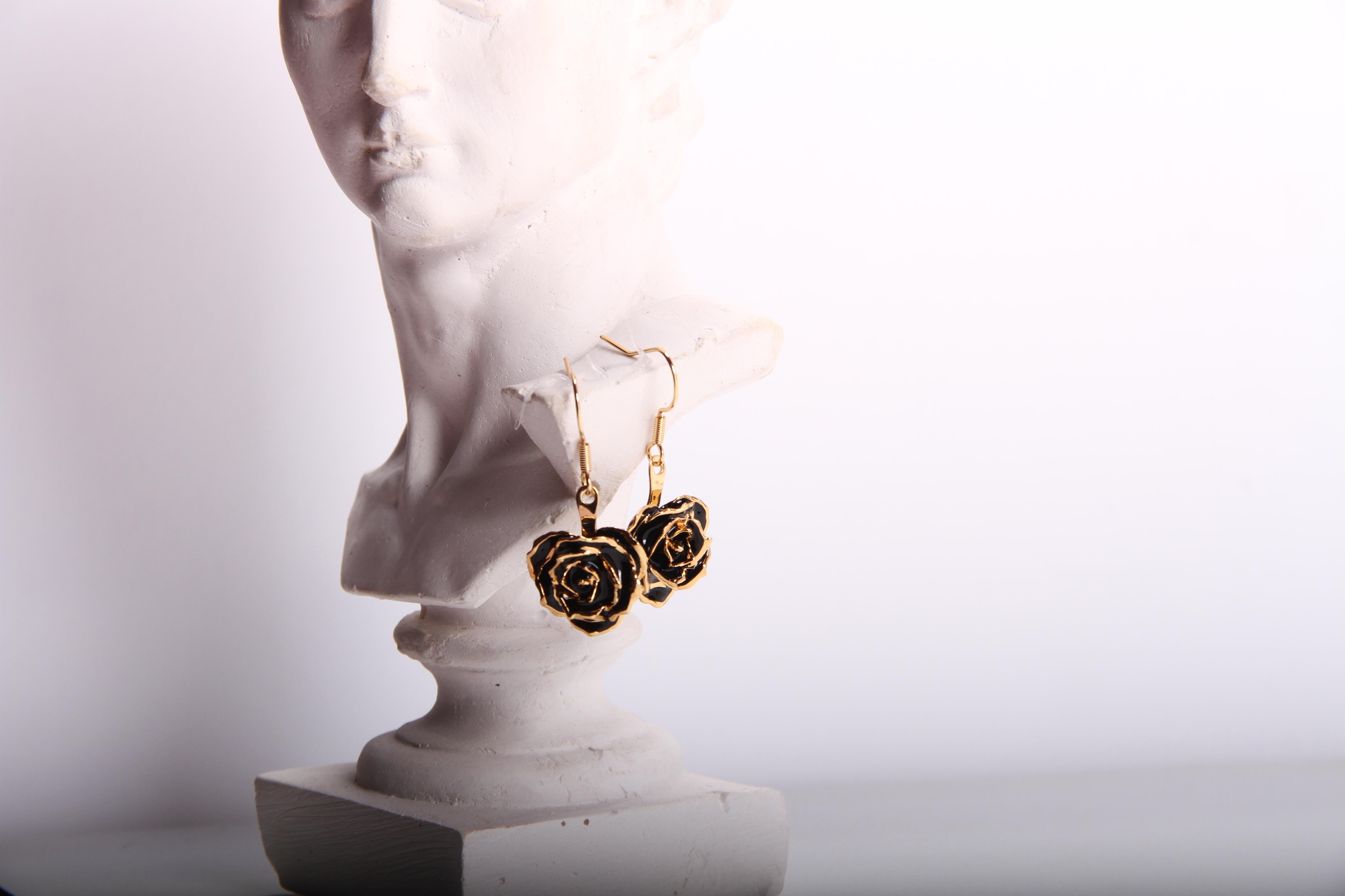 Romantic Real Rose Dipped in 24k Gold Eternal Earrings | Midnight Promise For Sale