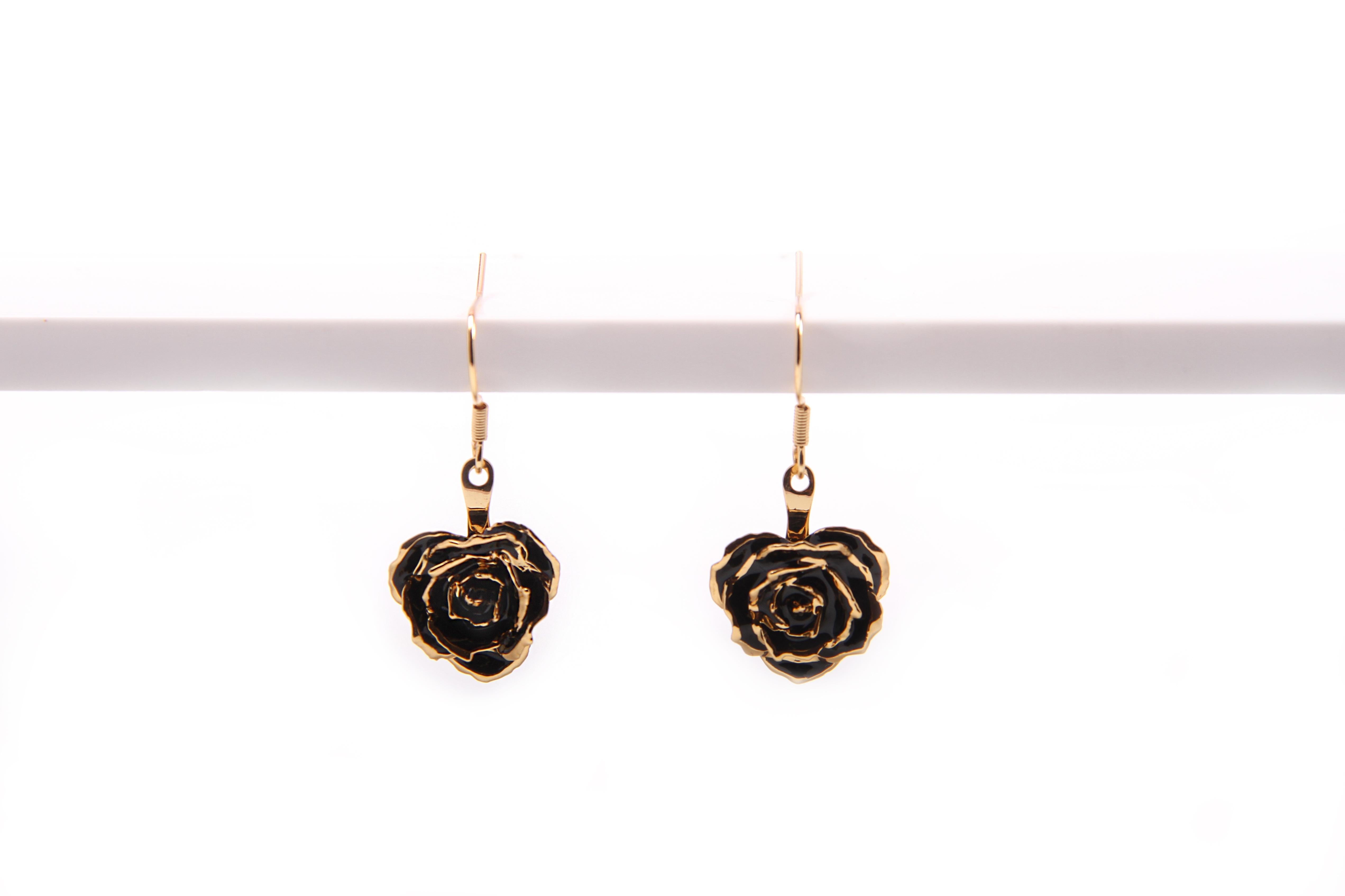 Real Rose Dipped in 24k Gold Eternal Earrings | Midnight Promise In New Condition For Sale In Belmont, MA