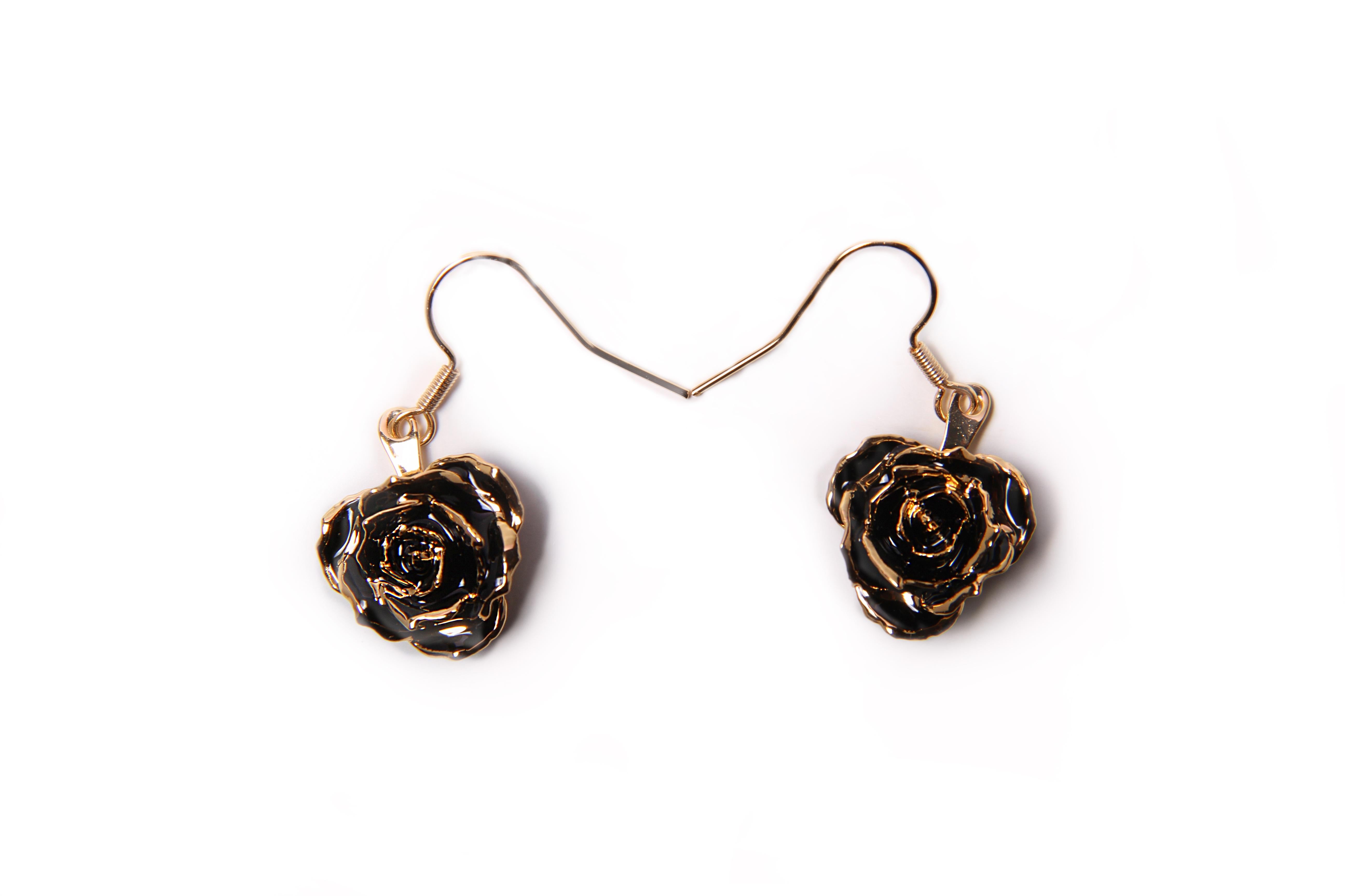 Women's Real Rose Dipped in 24k Gold Eternal Earrings | Midnight Promise For Sale