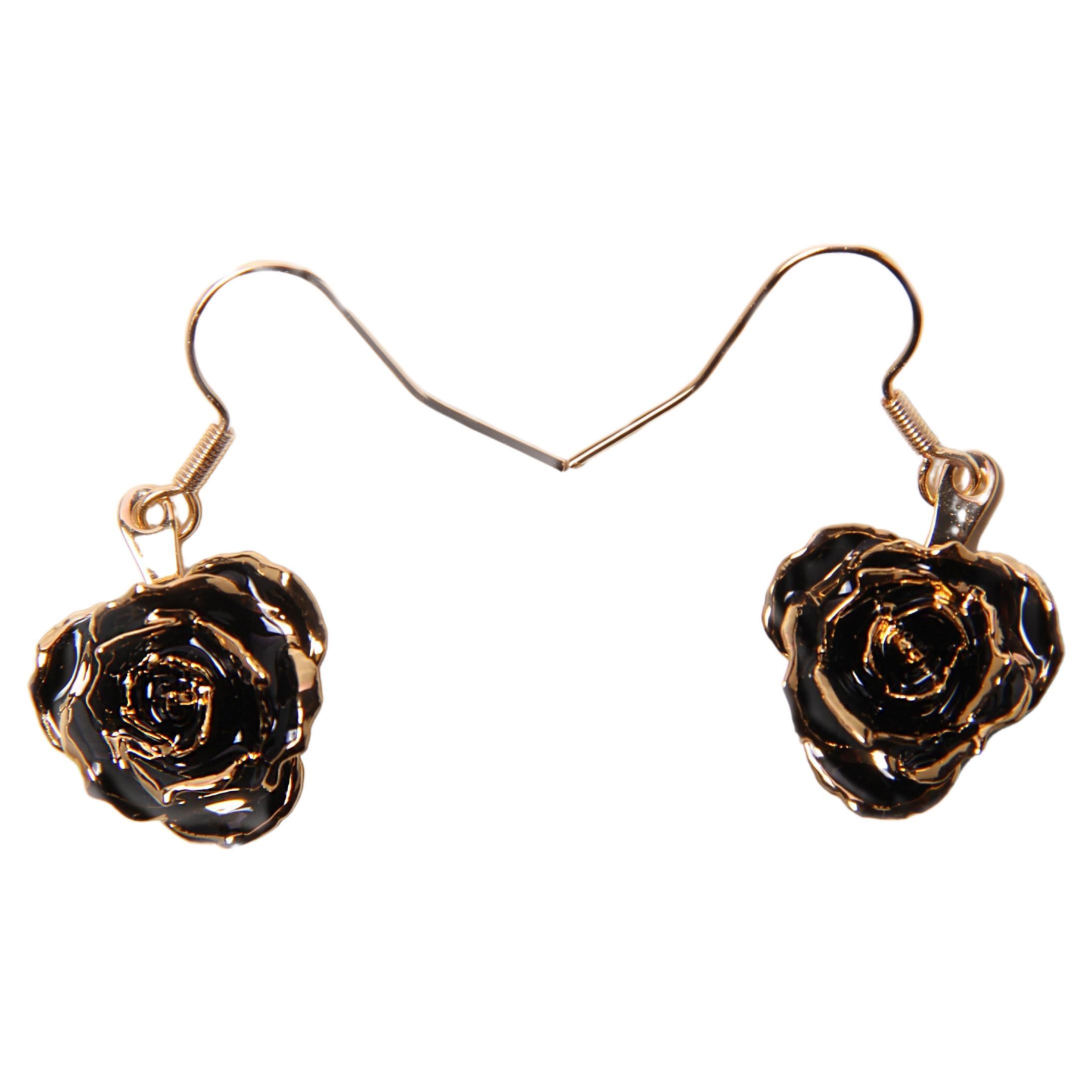 Real Rose Dipped in 24k Gold Eternal Earrings | Midnight Promise For Sale
