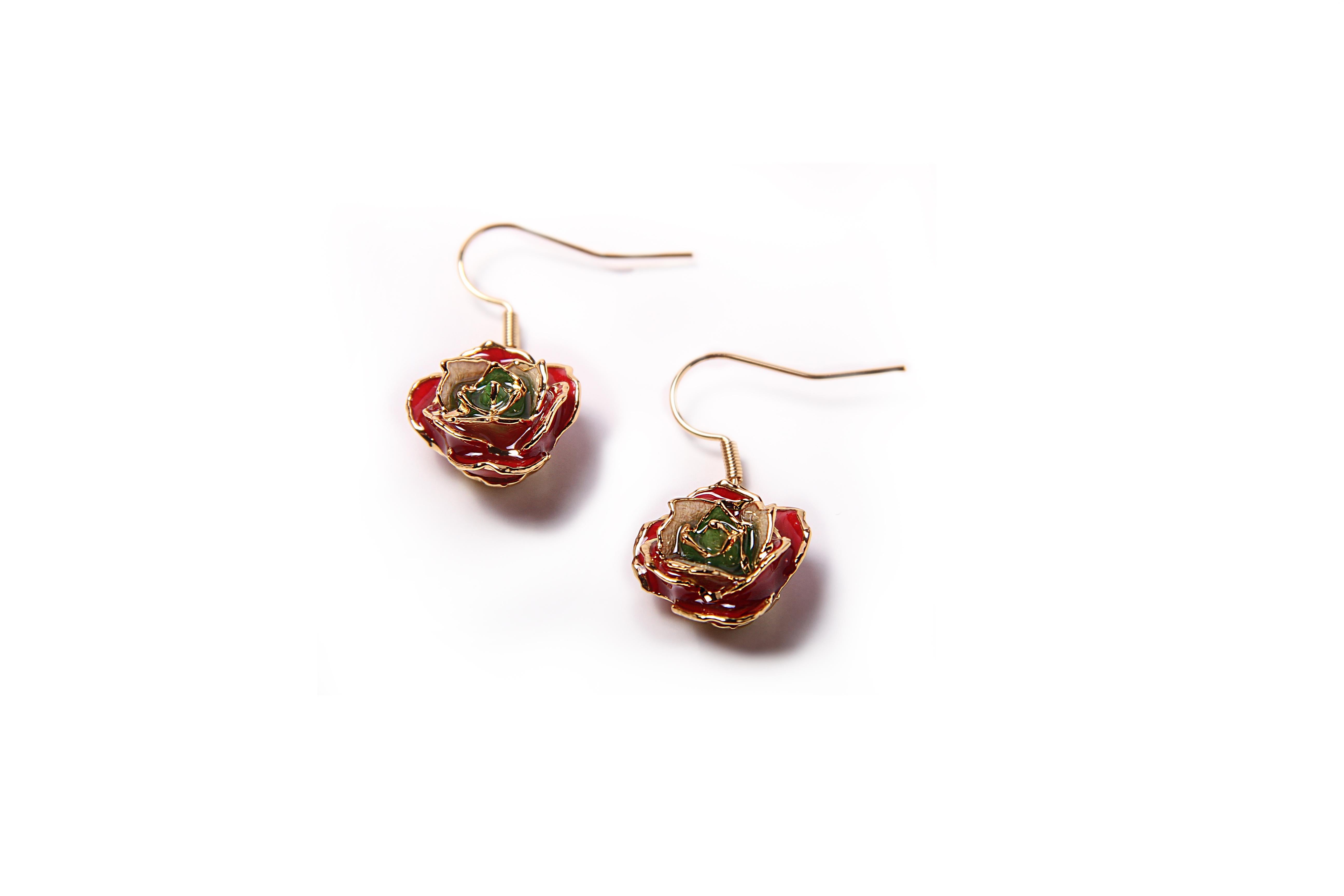 Romantic Real Rose Dipped in 24k Gold Eternal Earrings | Revolutionary Rose of Lebanon For Sale
