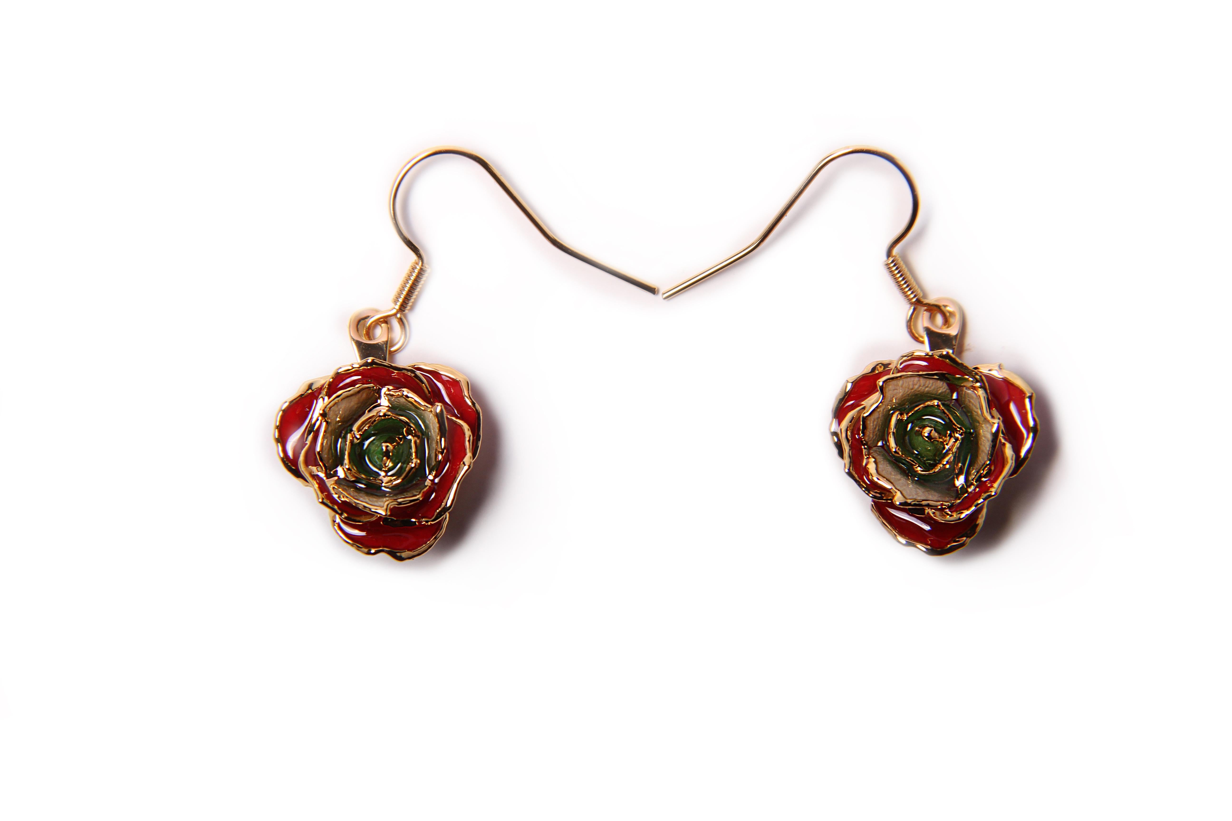 Women's or Men's Real Rose Dipped in 24k Gold Eternal Earrings | Revolutionary Rose of Lebanon For Sale