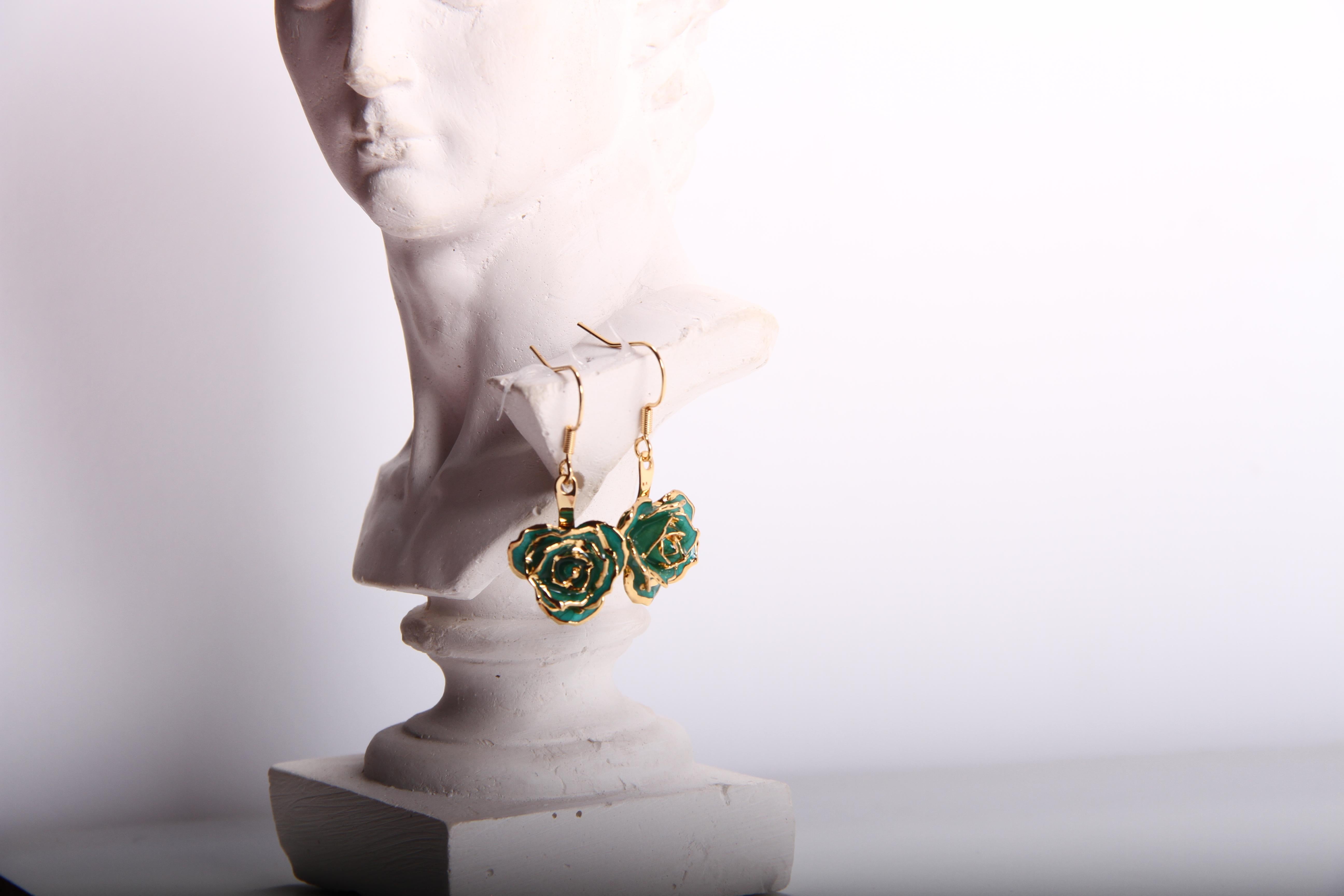 Romantic Real Rose Dipped in 24k Gold Eternal Earrings | Teal Rhapsody For Sale