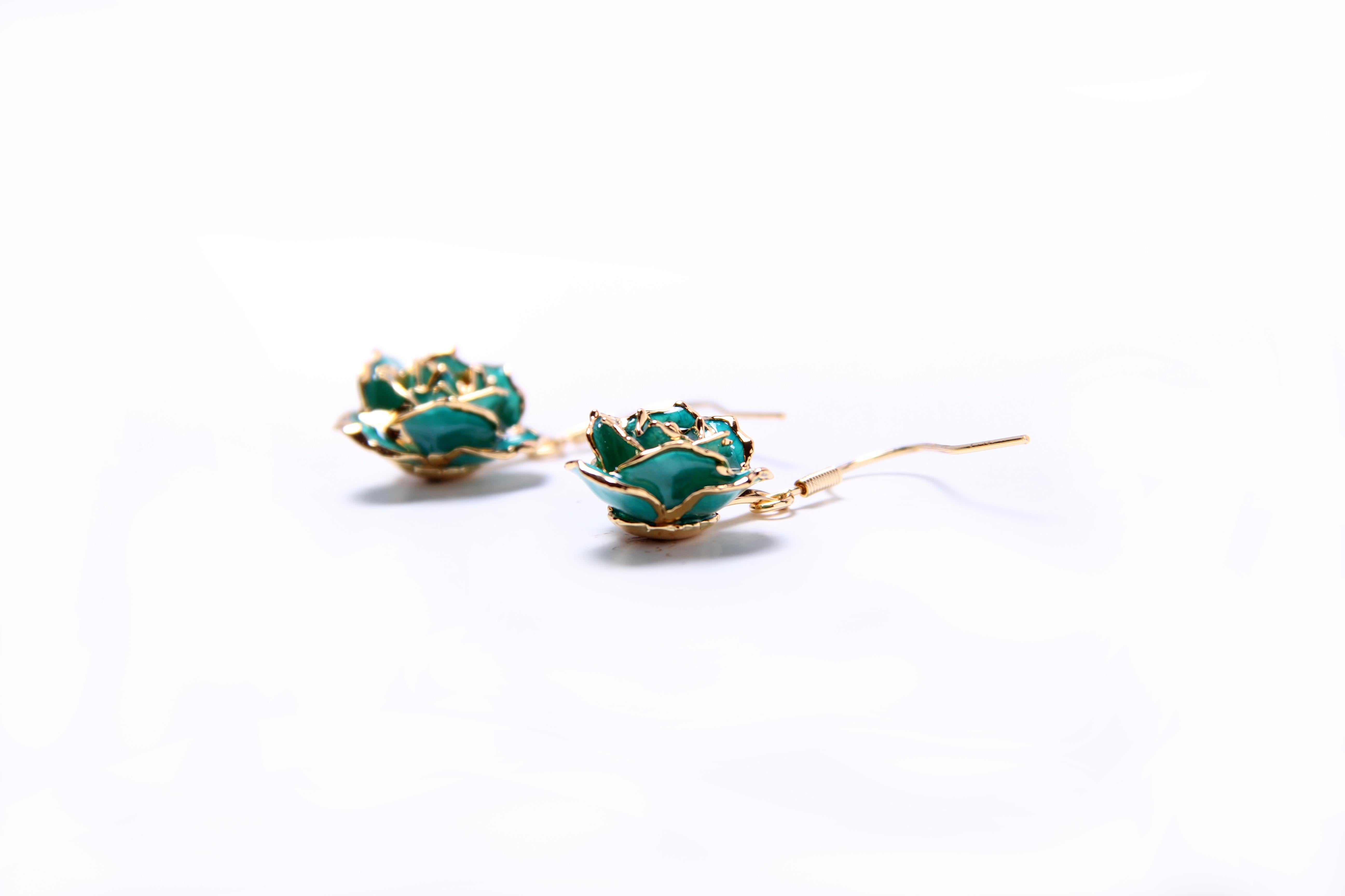 Real Rose Dipped in 24k Gold Eternal Earrings | Teal Rhapsody In New Condition For Sale In Belmont, MA