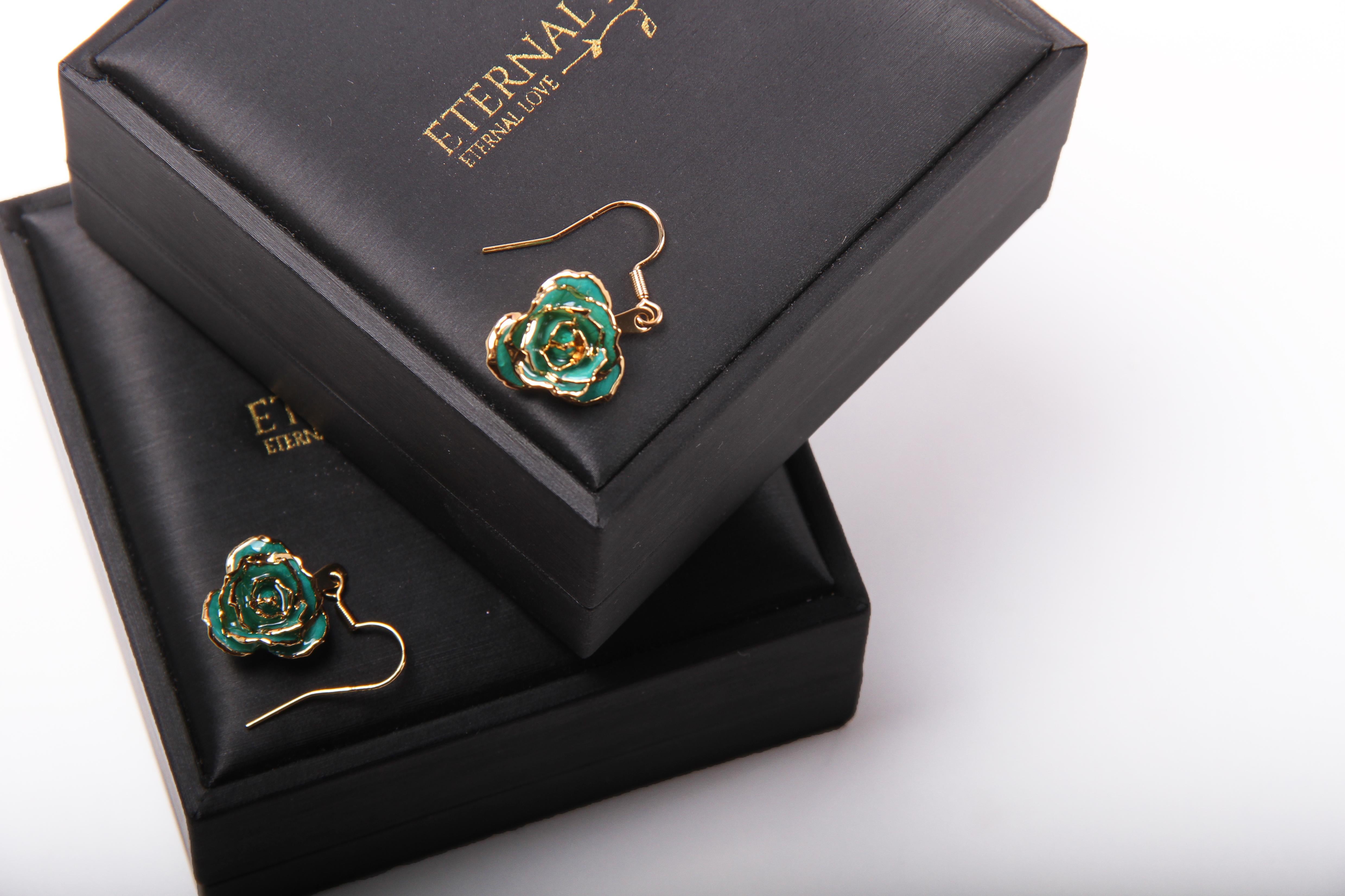 Women's Real Rose Dipped in 24k Gold Eternal Earrings | Teal Rhapsody For Sale