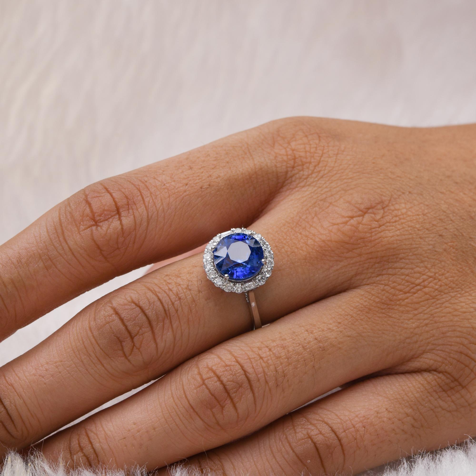 Anillo con zafiro azul redondo auténtico SI/H diamante Joyas de oro blanco de 18 quilates Corte redondo en venta