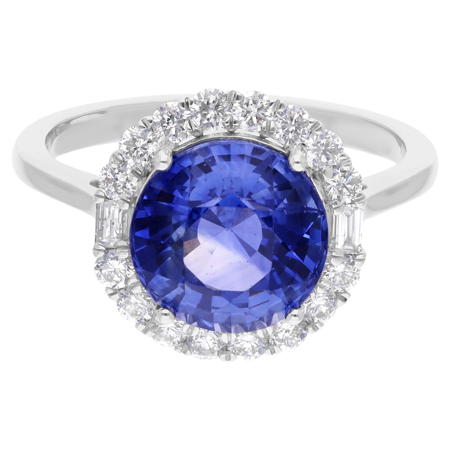 Real Round Blue Sapphire Gemstone Ring SI/H Diamond 18 Karat White Gold Jewelry