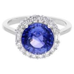 Real Round Blue Sapphire Gemstone Ring SI/H Diamond 18 Karat White Gold Jewelry