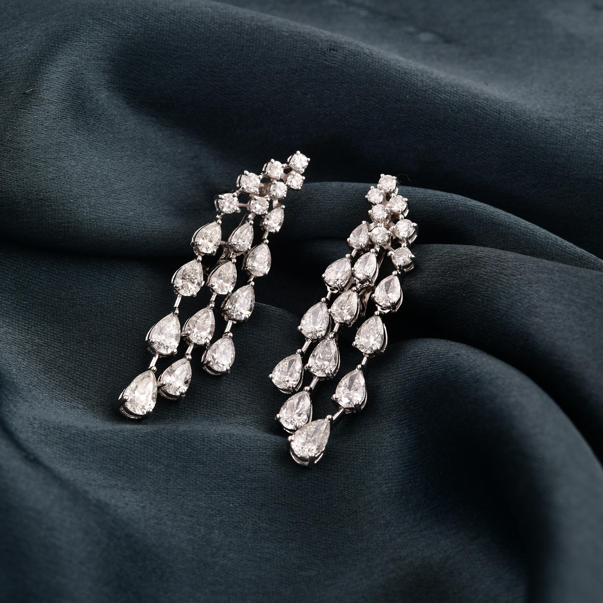 Modern Real Round & Pear Diamond Dangle Earrings 14 Karat White Gold Handmade Jewelry For Sale