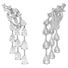 Real Round & Pear Diamond Dangle Earrings 14 Karat White Gold Handmade Jewelry