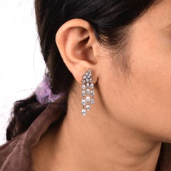 Real Round & Pear Diamond Dangle Earrings 18 Karat White Gold Handmade Jewelry