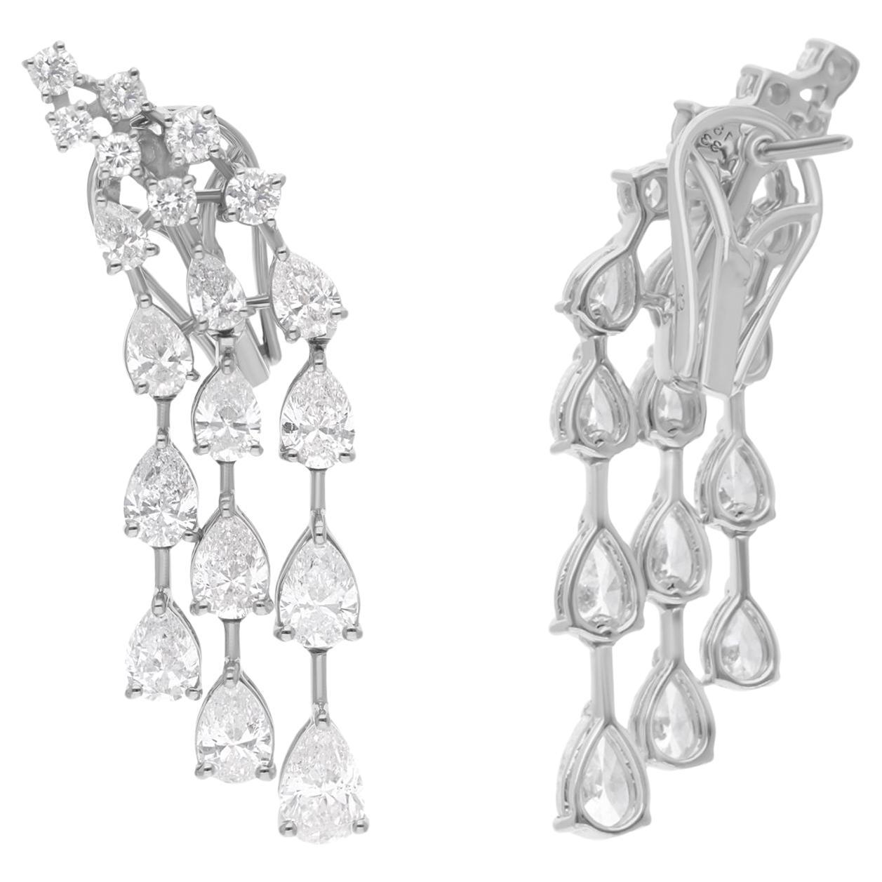 Real Round & Pear Diamond Dangle Earrings 18 Karat White Gold Handmade Jewelry