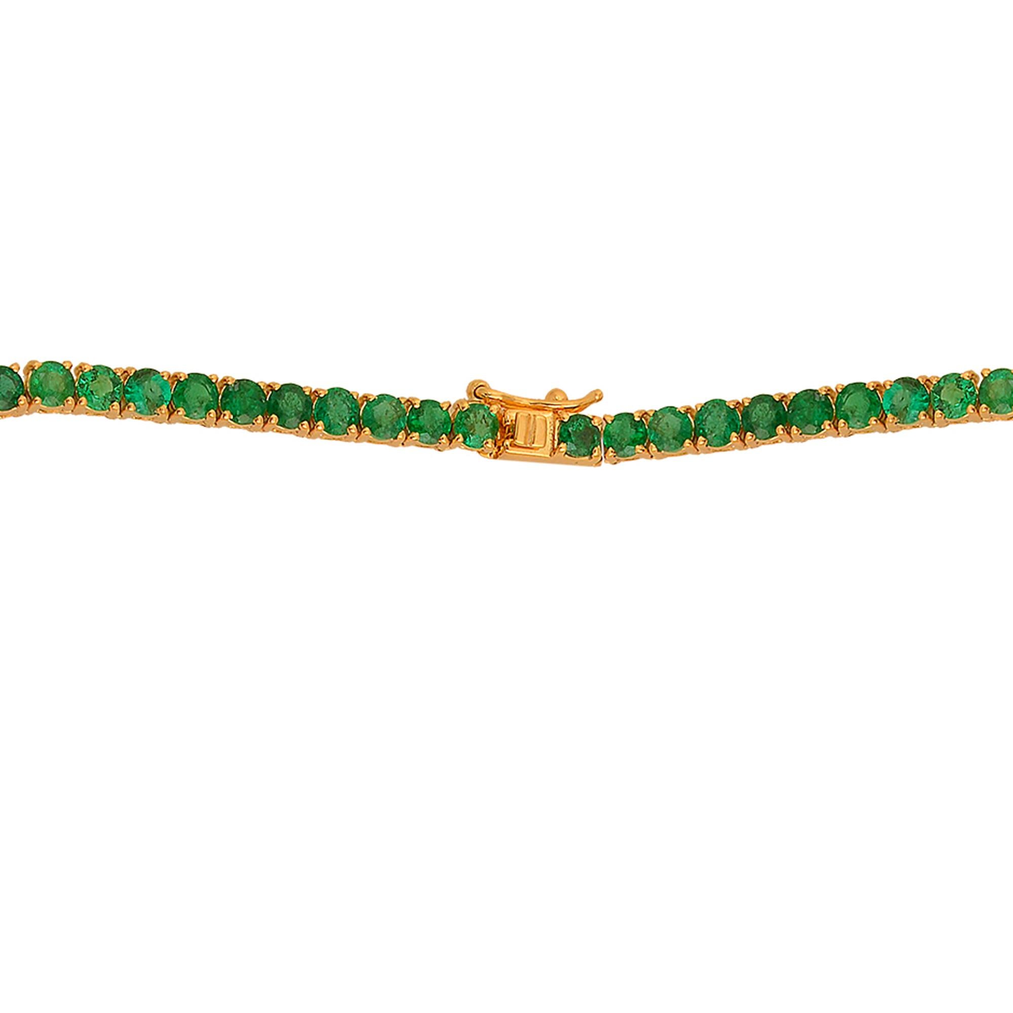 Round Cut Real Round Zambian Emerald Gemstone Tennis Chain Necklace 14 Karat Yellow Gold For Sale