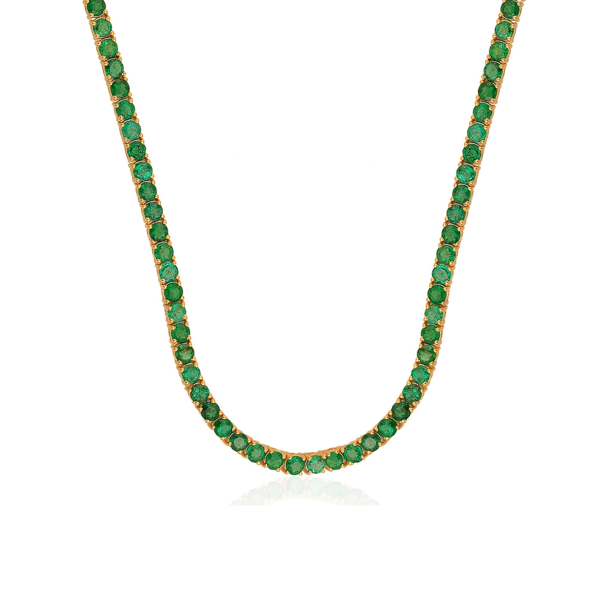 Women's Real Round Zambian Emerald Gemstone Tennis Chain Necklace 14 Karat Yellow Gold For Sale