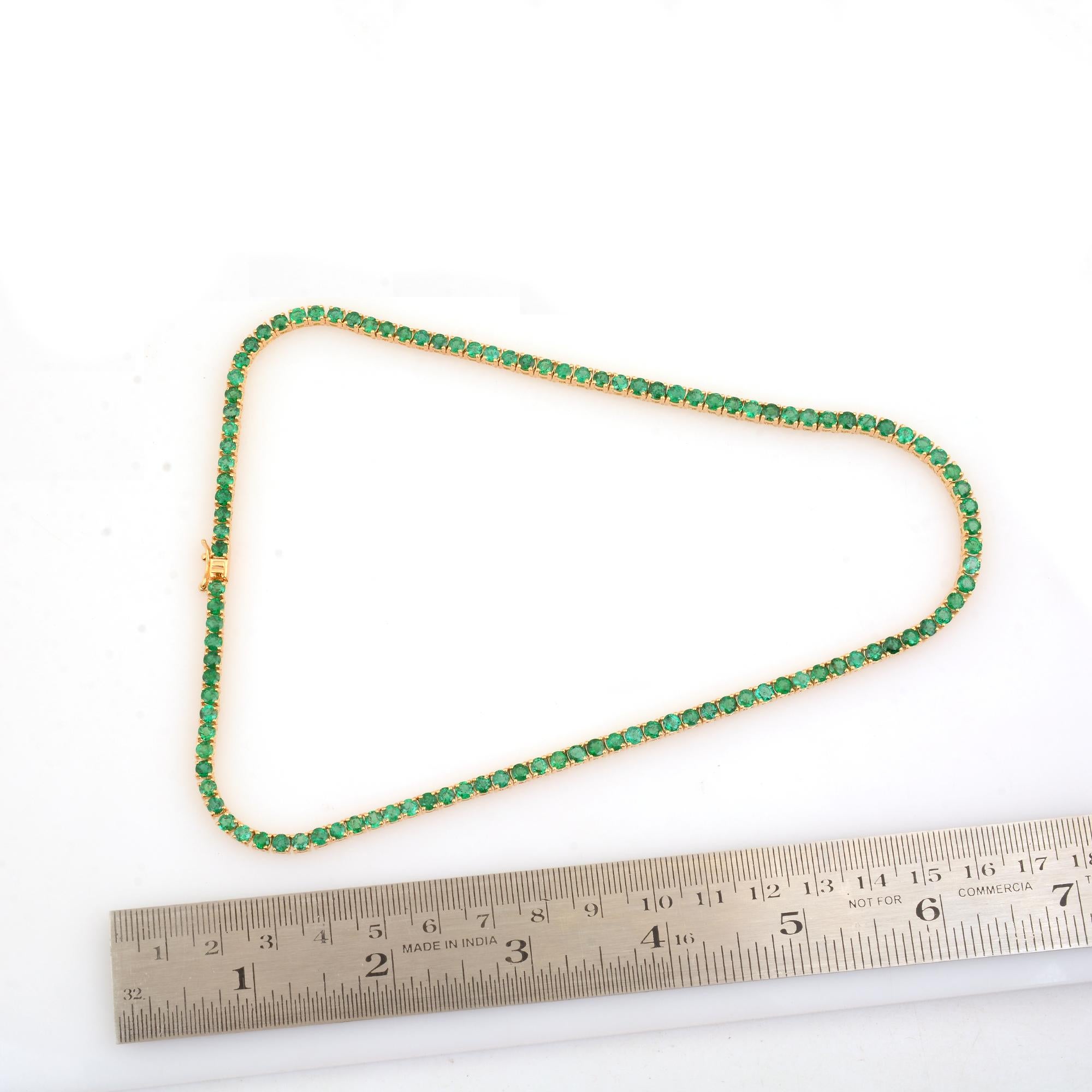 Real Round Zambian Emerald Gemstone Tennis Chain Necklace 14 Karat Yellow Gold For Sale 1