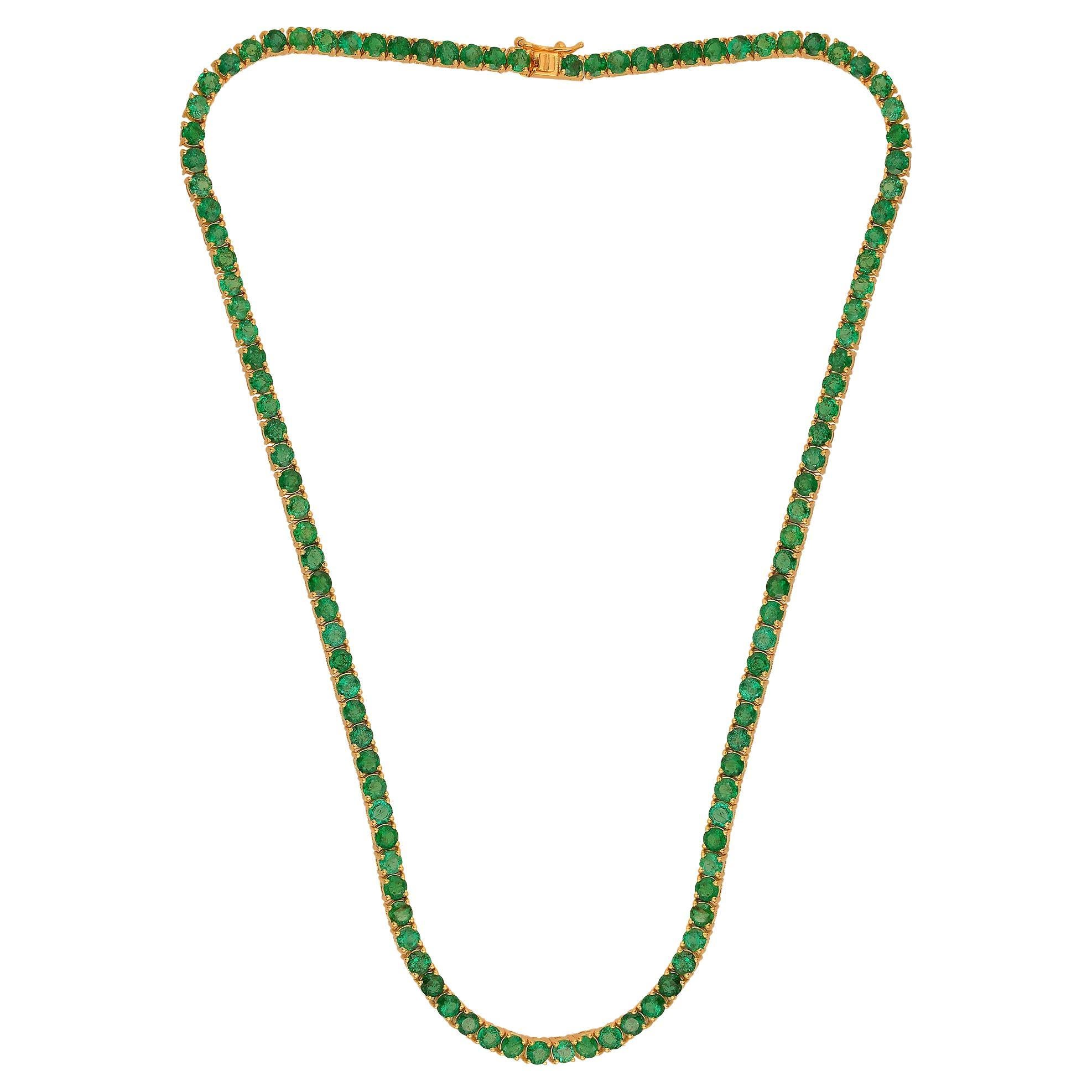 Real Round Zambian Emerald Gemstone Tennis Chain Necklace 14 Karat Yellow Gold For Sale
