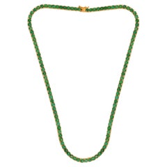 Used Real Round Zambian Emerald Gemstone Tennis Chain Necklace 14 Karat Yellow Gold