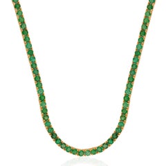Collar de oro amarillo de 18 quilates con cadena de tenis de esmeralda de Zambia redonda auténtica