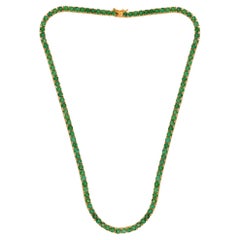 Real Round Zambian Emerald Gemstone Tennis Chain Necklace 18 Karat Yellow Gold