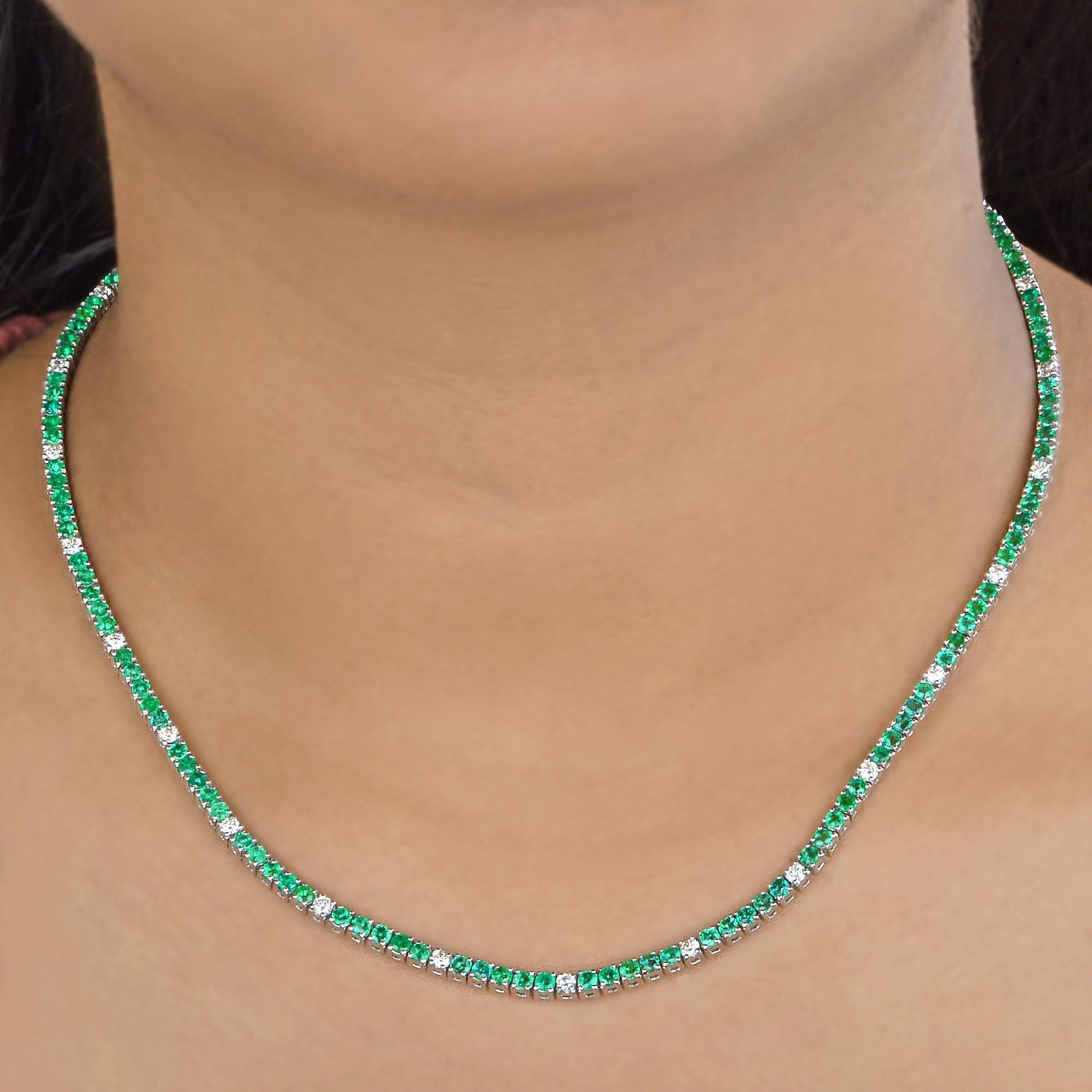 Round Cut Real Round Zambian Emerald Necklace Diamond 10 Karat White Gold Fine Jewelry For Sale