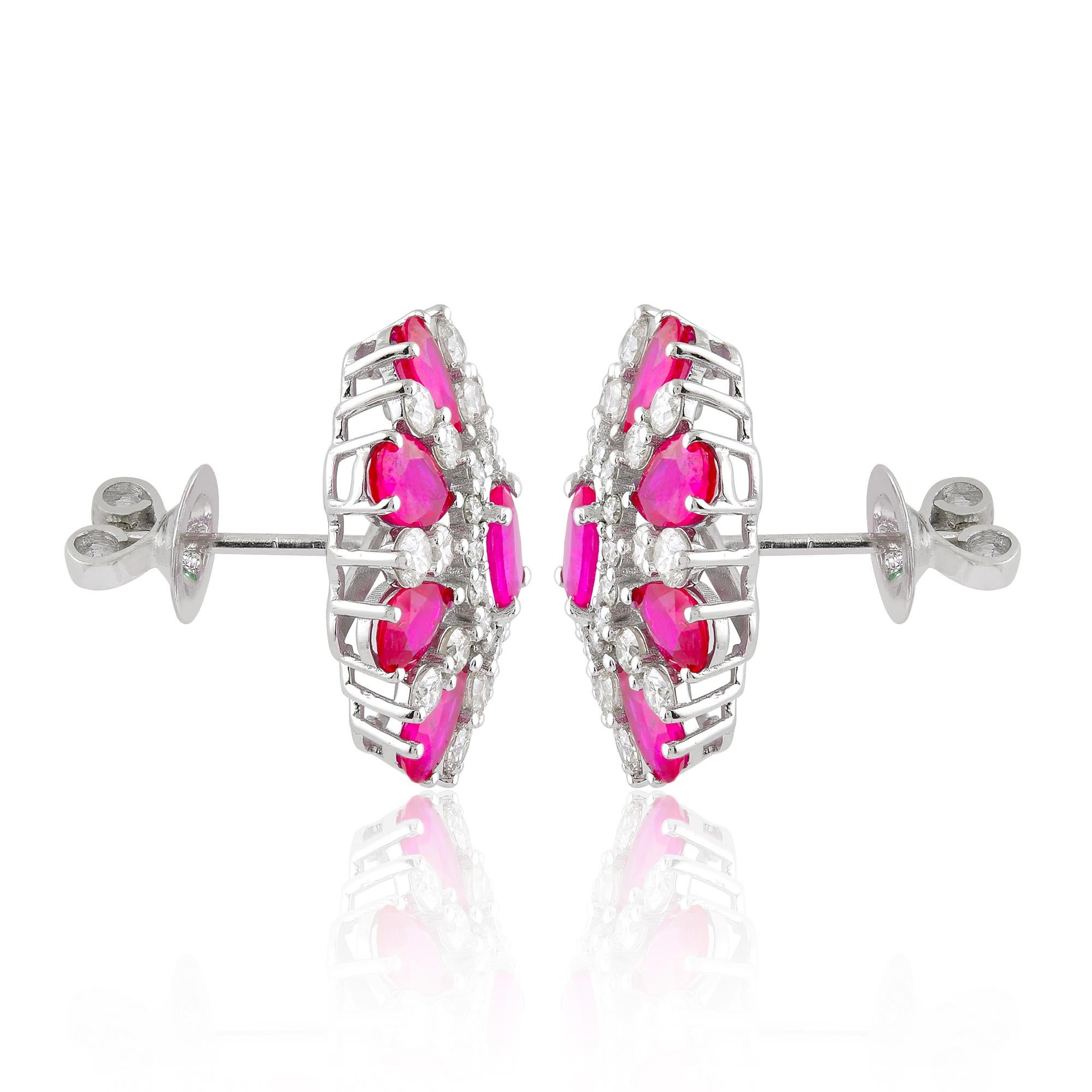 Real Ruby Gemstone Flower Stud Earrings 10k White Gold Pave Diamond Fine Jewelry In New Condition For Sale In Diera, Dubai