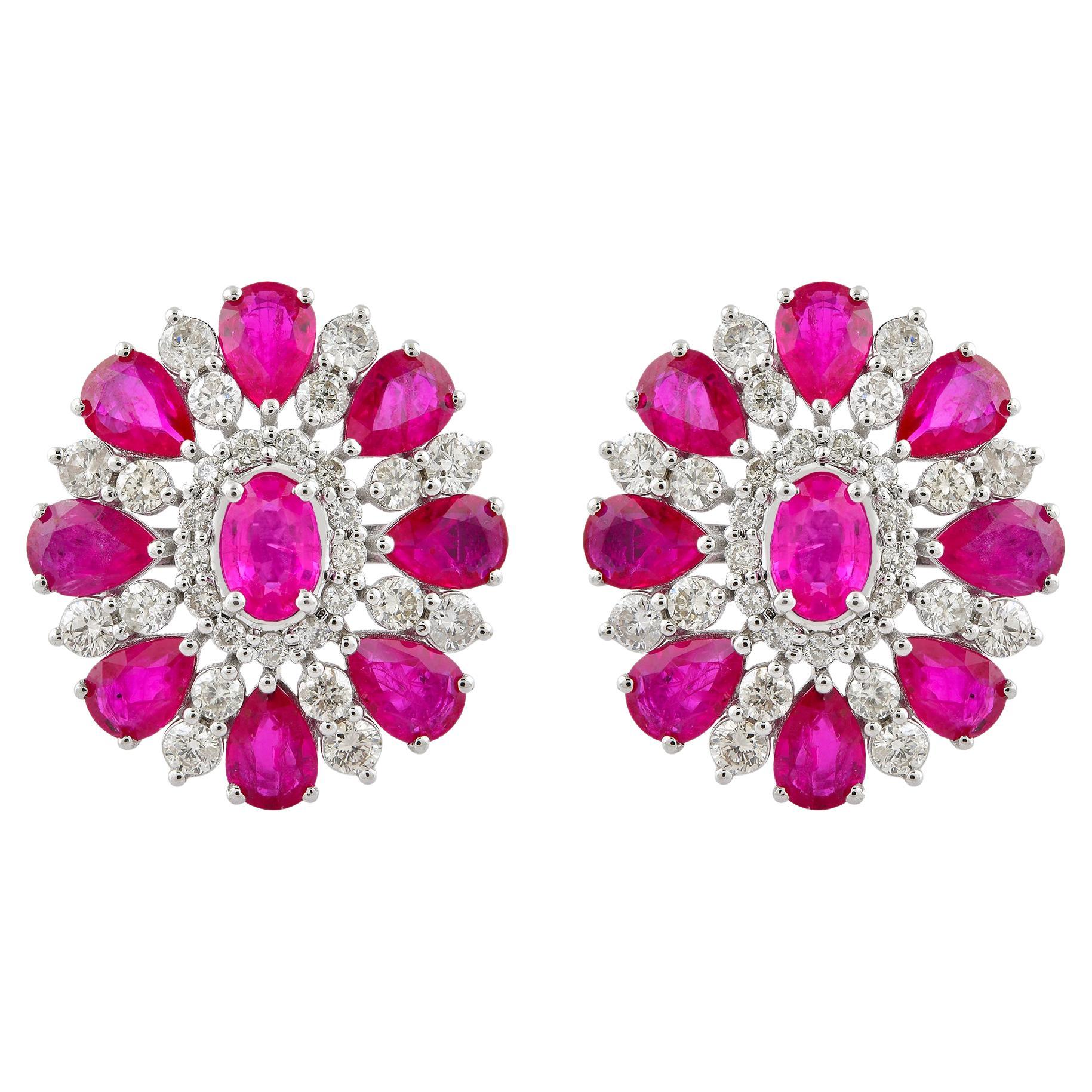 Real Ruby Gemstone Flower Stud Earrings 10k White Gold Pave Diamond Fine Jewelry
