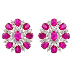 Real Ruby Gemstone Flower Stud Earrings 10k White Gold Pave Diamond Fine Jewelry