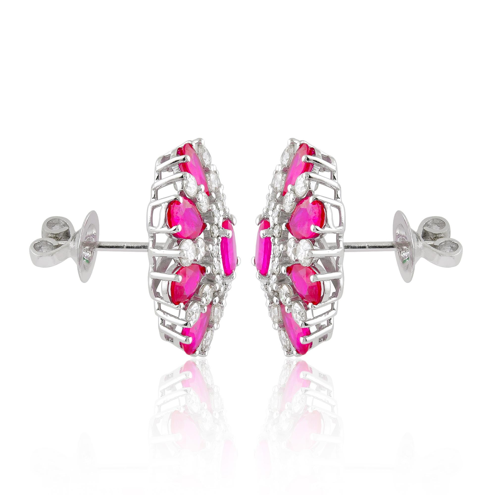 Women's Real Ruby Gemstone Flower Stud Earrings 10k White Gold Pave Diamond Fine Jewelry For Sale