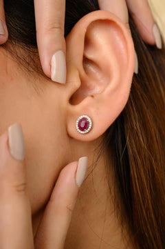 Real Ruby Halo Diamond Oval Stud Earrings for Her in 14k Solid White Gold