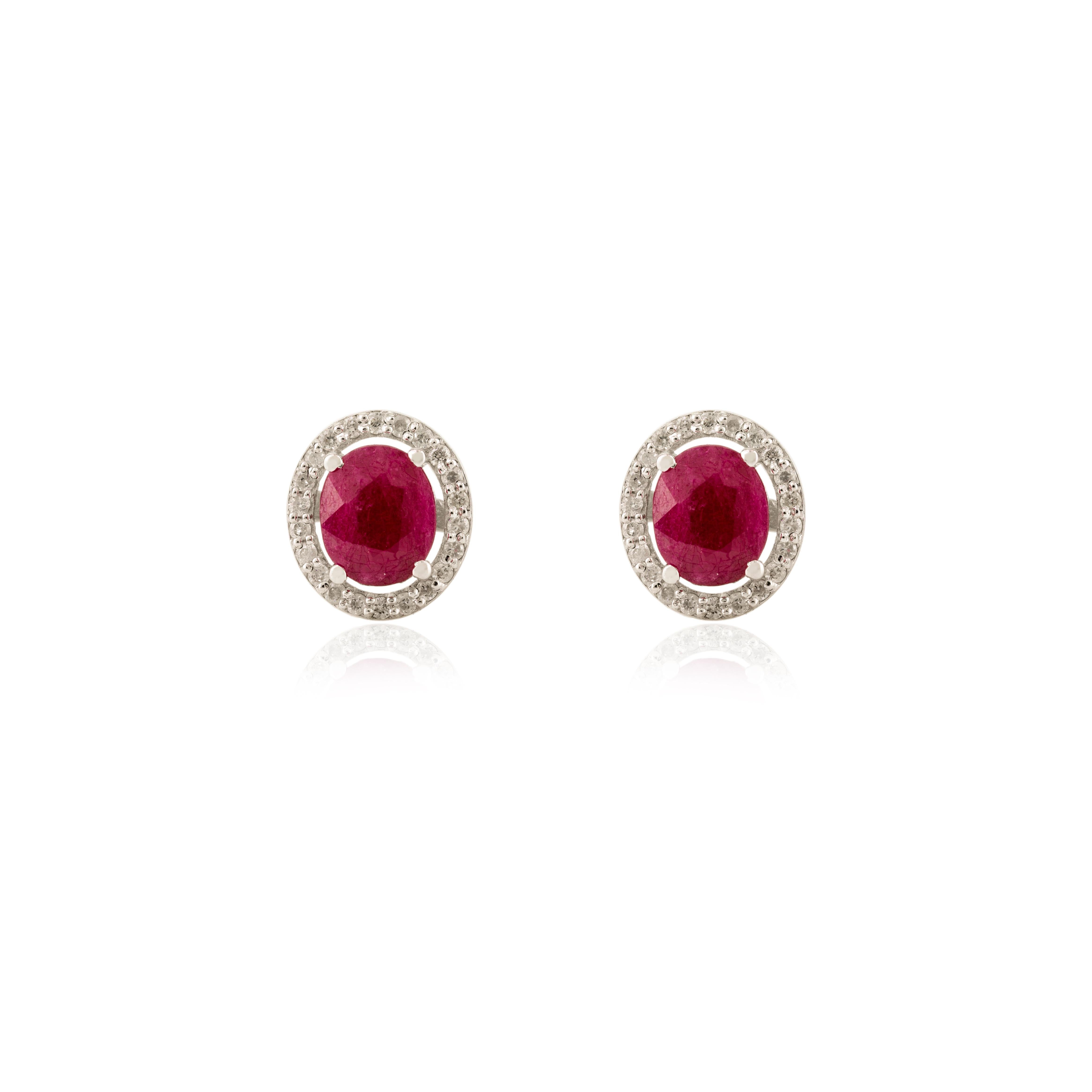 Art Deco Real Ruby Halo Diamond Oval Stud Earrings for Her in 14k Solid White Gold For Sale