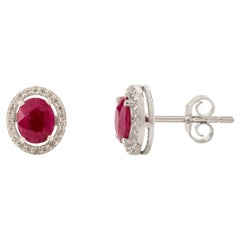 Real Ruby Halo Diamond Oval Stud Earrings for Her in 14k Solid White Gold