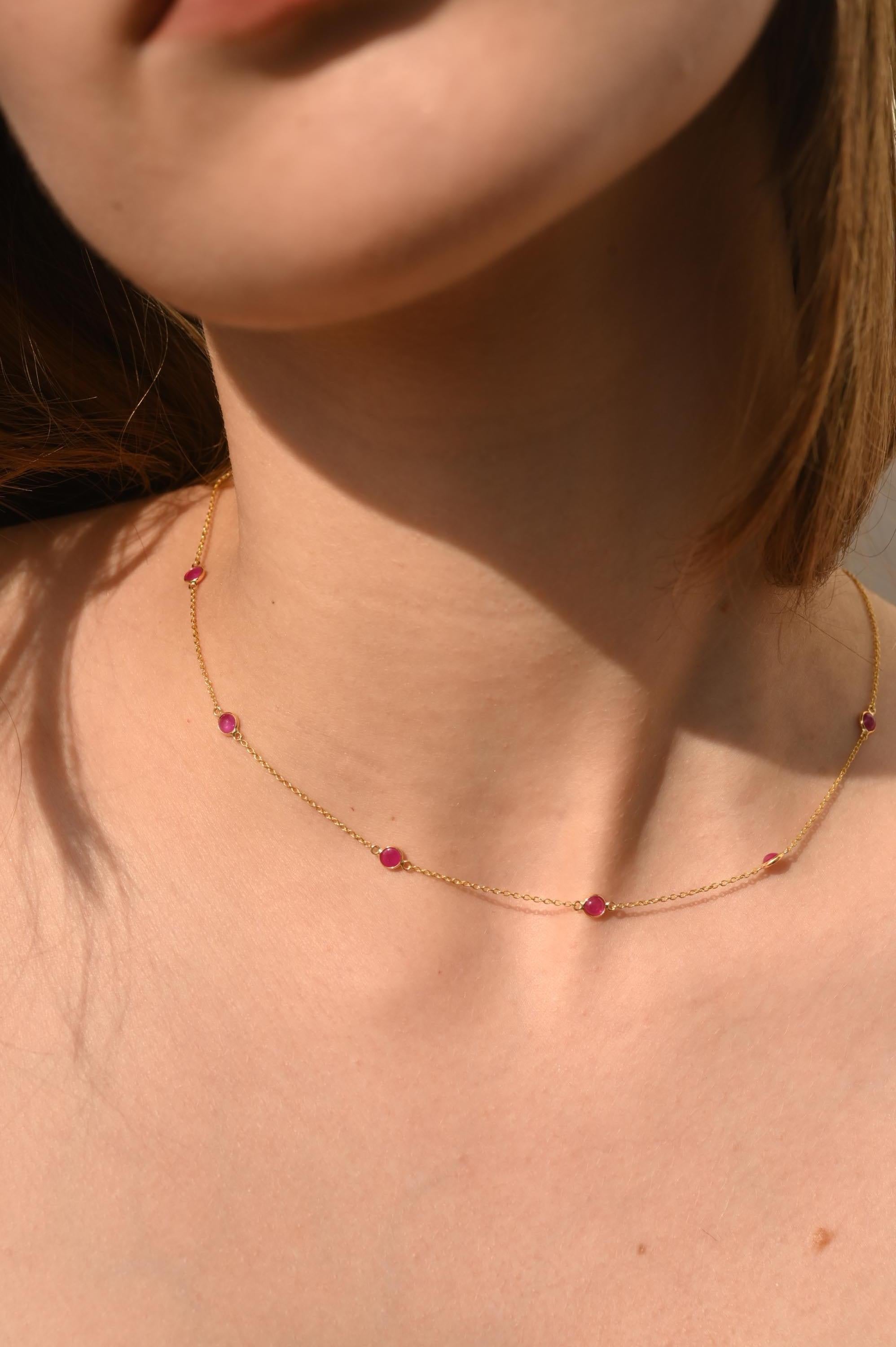 Real Ruby Station Chain Necklace 14k Solid Yellow Gold, Christmas Gift For Her For Sale 4