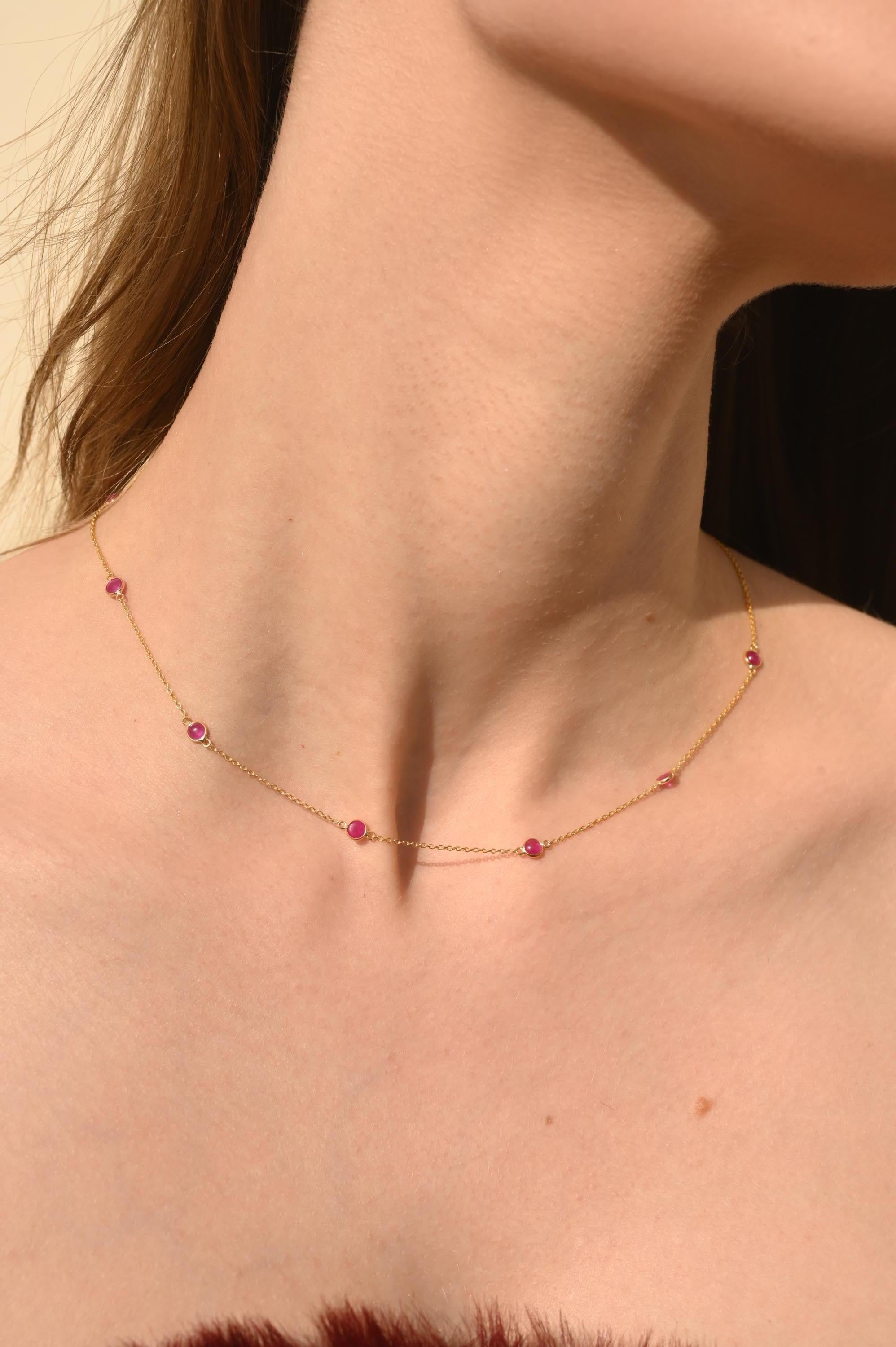 Modern Real Ruby Station Chain Necklace 14k Solid Yellow Gold, Christmas Gift For Her