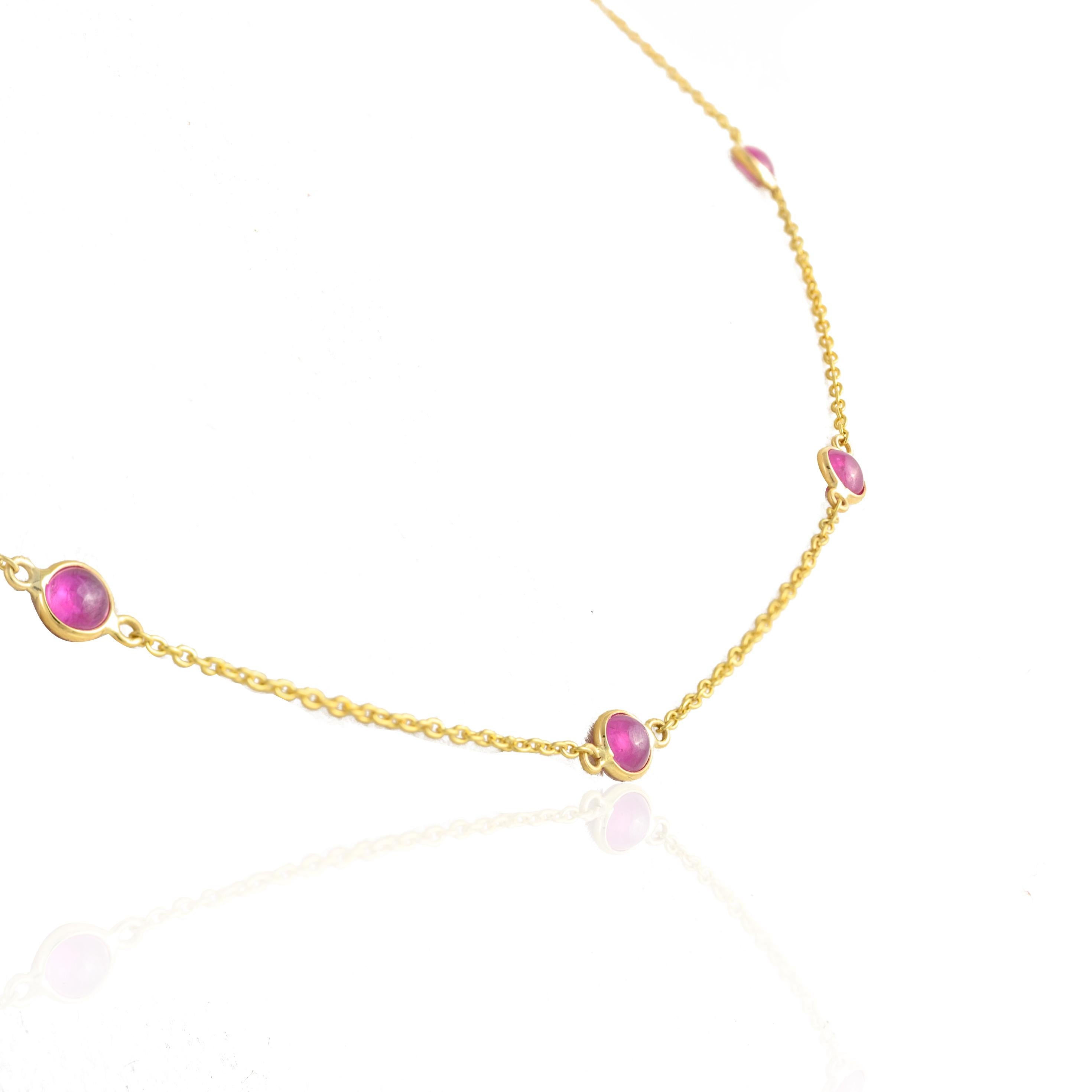 Round Cut Real Ruby Station Chain Necklace 14k Solid Yellow Gold, Christmas Gift For Her