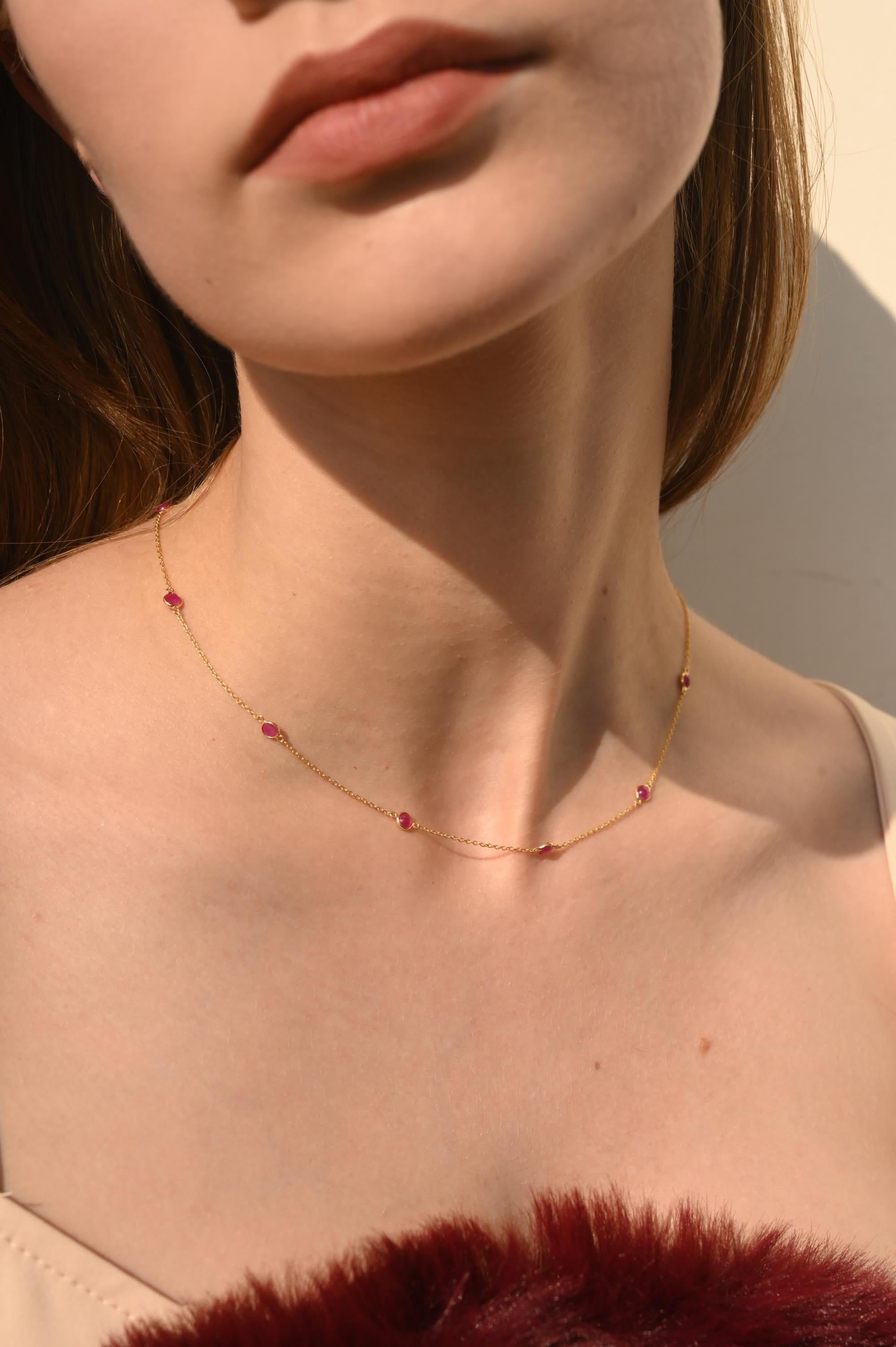 Real Ruby Station Chain Necklace 14k Solid Yellow Gold, Christmas Gift For Her In New Condition For Sale In Houston, TX