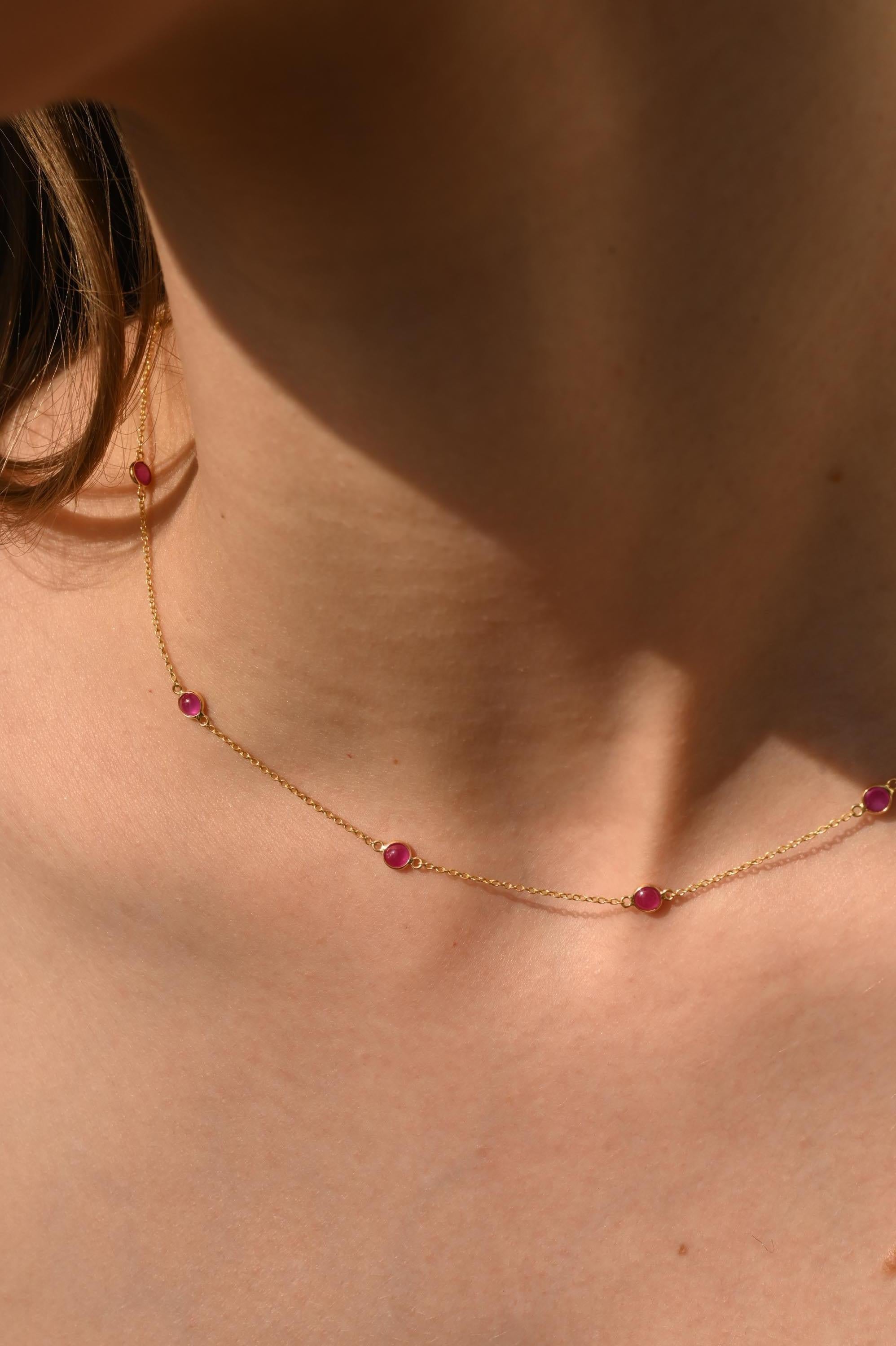 Women's Real Ruby Station Chain Necklace 14k Solid Yellow Gold, Christmas Gift For Her For Sale