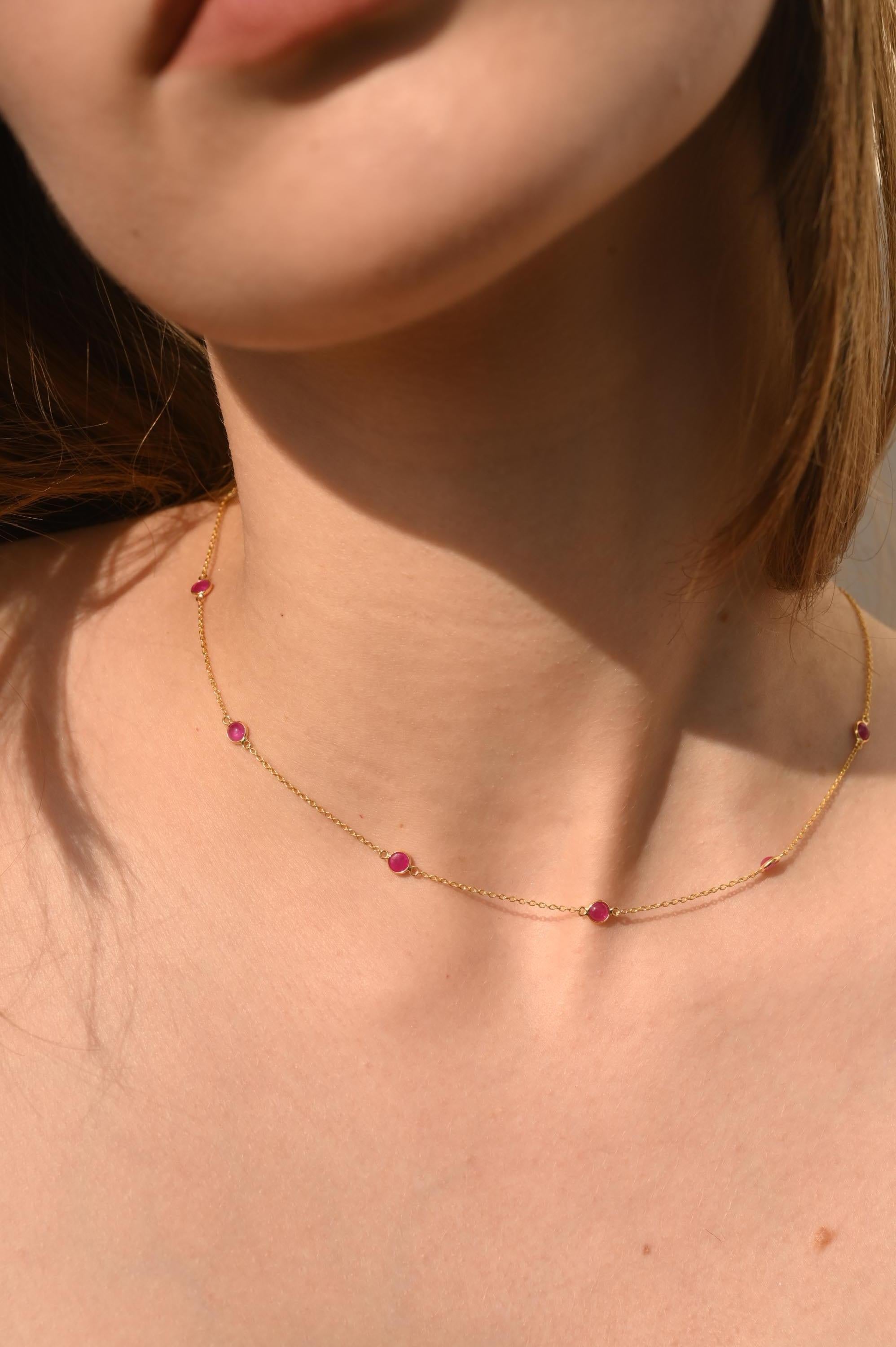 Real Ruby Station Chain Necklace 14k Solid Yellow Gold, Christmas Gift For Her For Sale 2