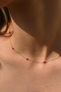 Real Ruby Station Chain Necklace 14k Solid Yellow Gold, Gift for Her