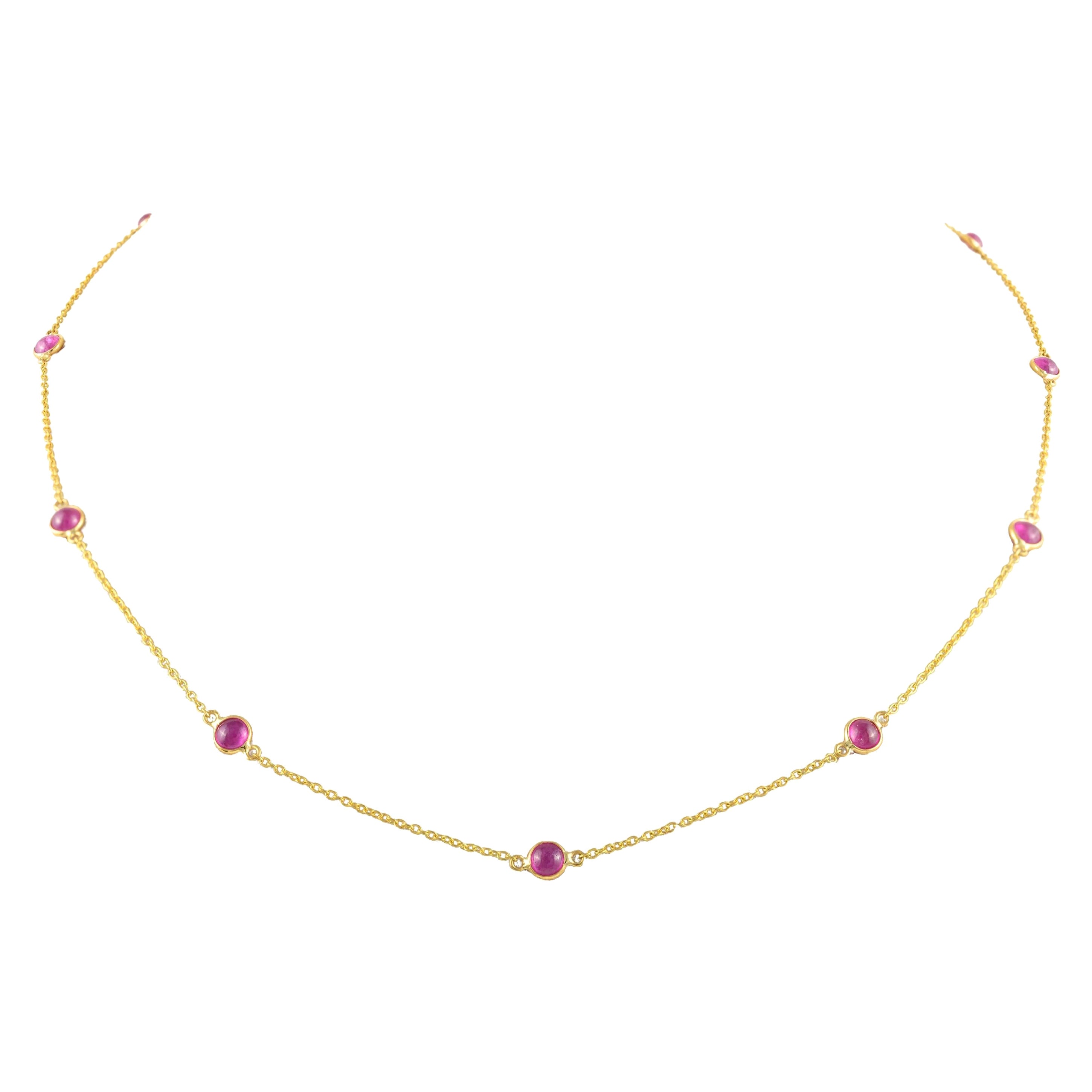Collar de cadena con estación de rubí auténtico de oro amarillo macizo de 14k, regalo para ella