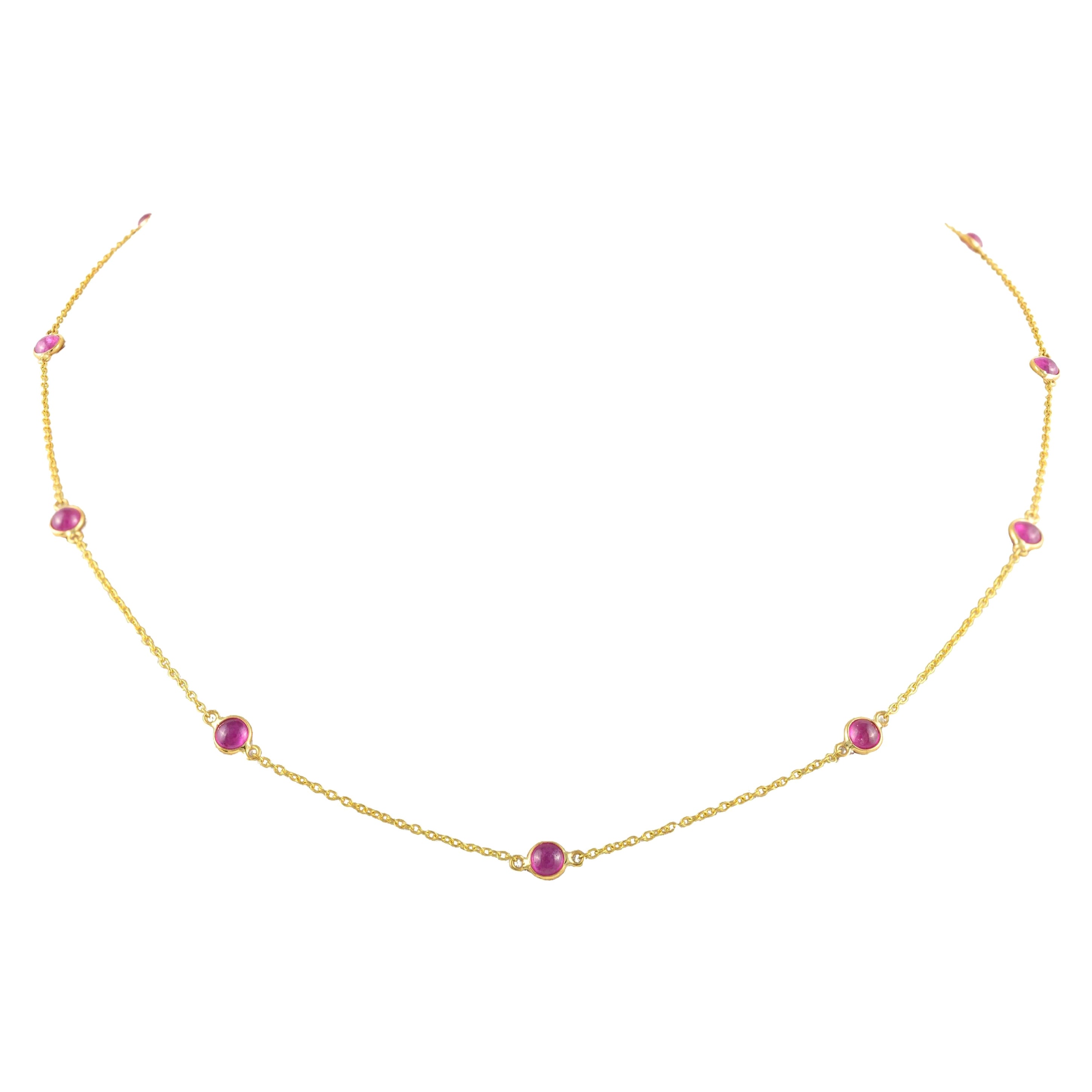 Real Ruby Station Chain Necklace 14k Solid Yellow Gold, Gift for Her