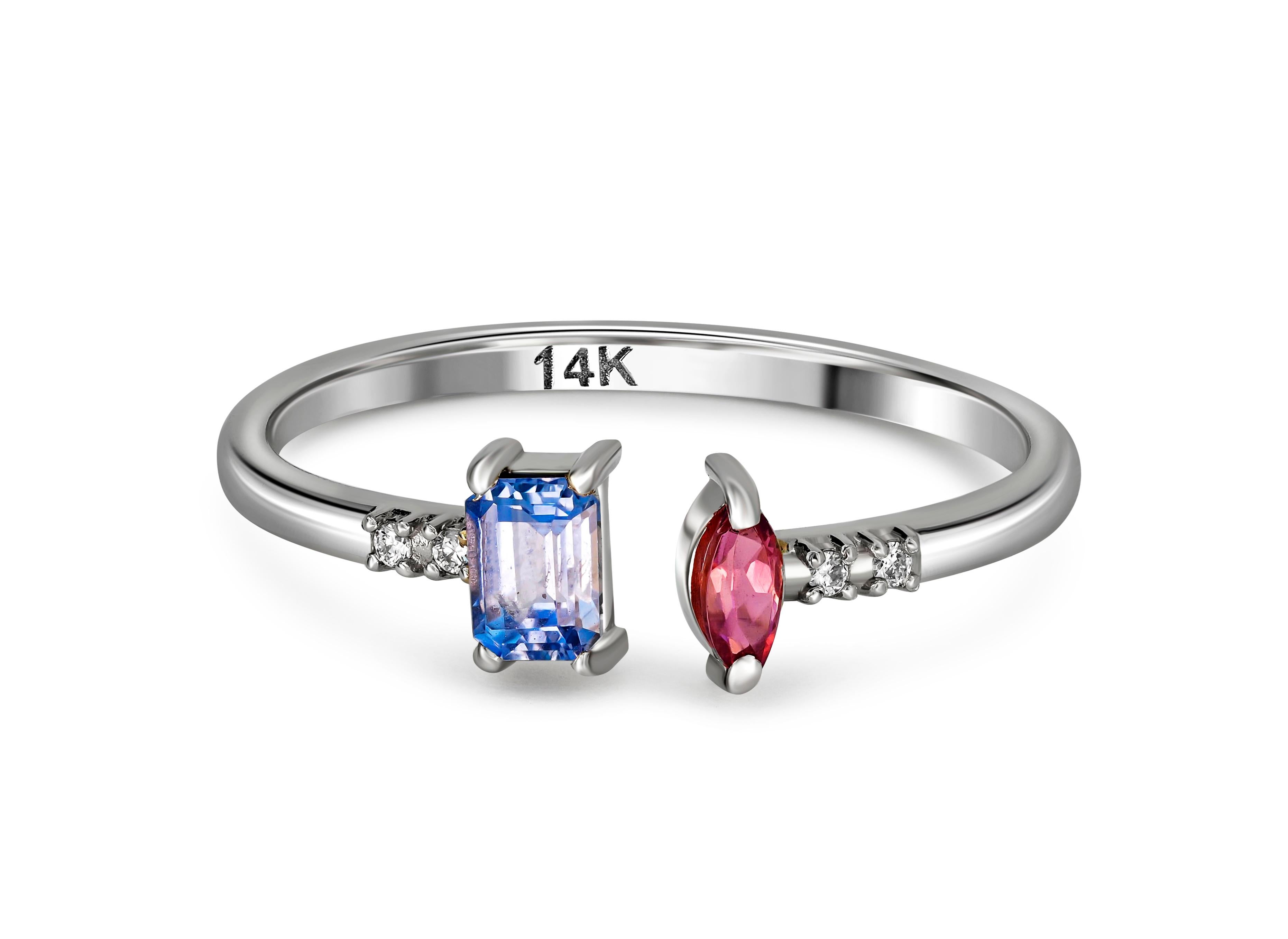 Real sapphire 14k gold ring. 
Sapphire and ruby gold ring. Sapphire baguette ring. Open ended ring. Blue sapphire ring. Minimalist ring.

Weight: 1.55 g. depends from size.
Metall: 14k marked.

Sapphire:
Baguette shape, transparent, blue, 0.25