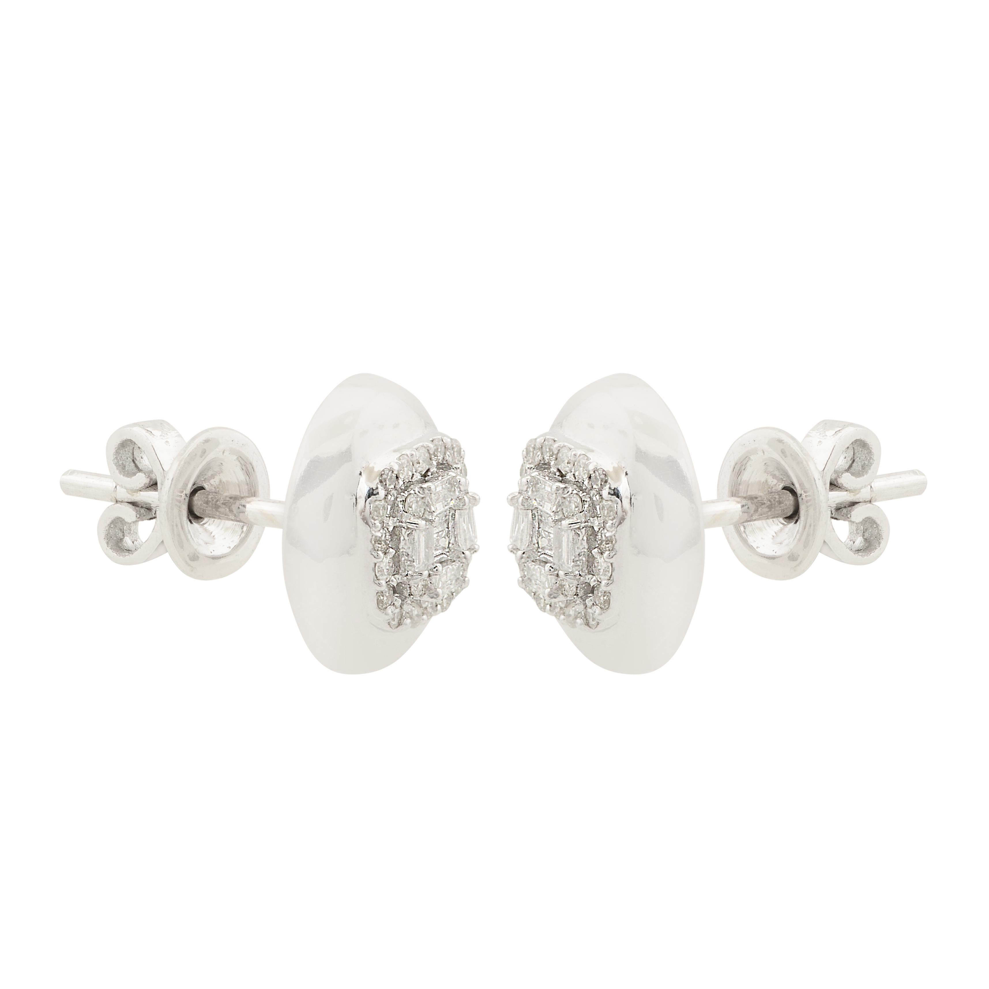 Baguette Cut Real SI Clarity HI Color Baguette Diamond Oval Stud Earrings 10 Karat White Gold For Sale