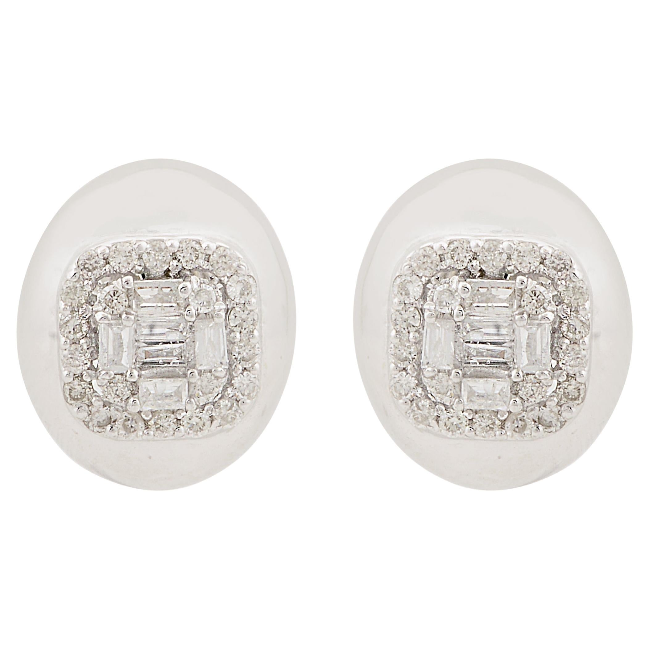 Real SI Clarity HI Color Baguette Diamond Oval Stud Earrings 10 Karat White Gold