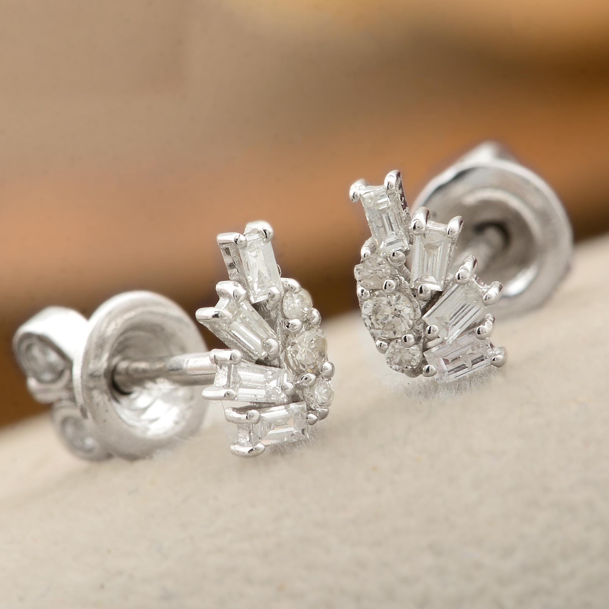 Baguette Cut Real SI Clarity HI Color Baguette Round Diamond Stud Earrings 10 Kt White Gold For Sale