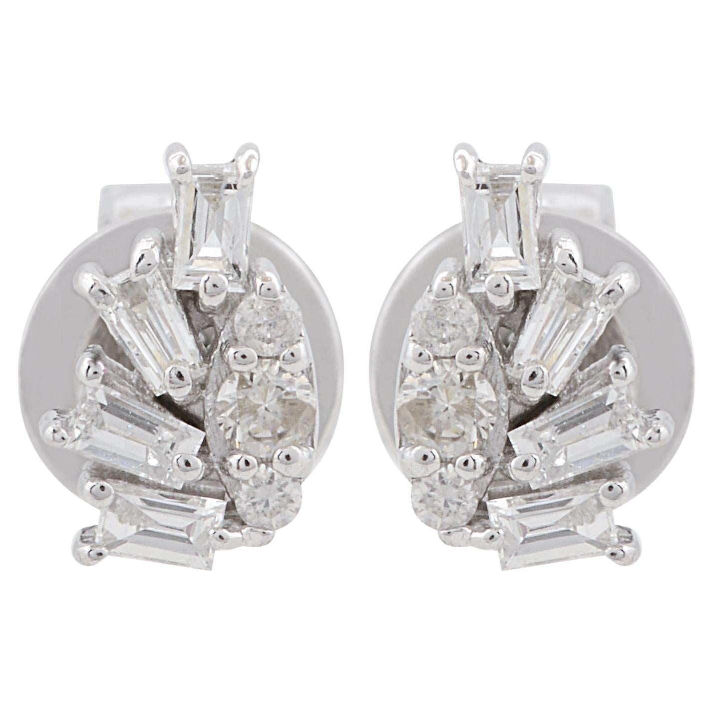 Real SI Clarity HI Color Baguette Round Diamond Stud Earrings 10 Kt White Gold